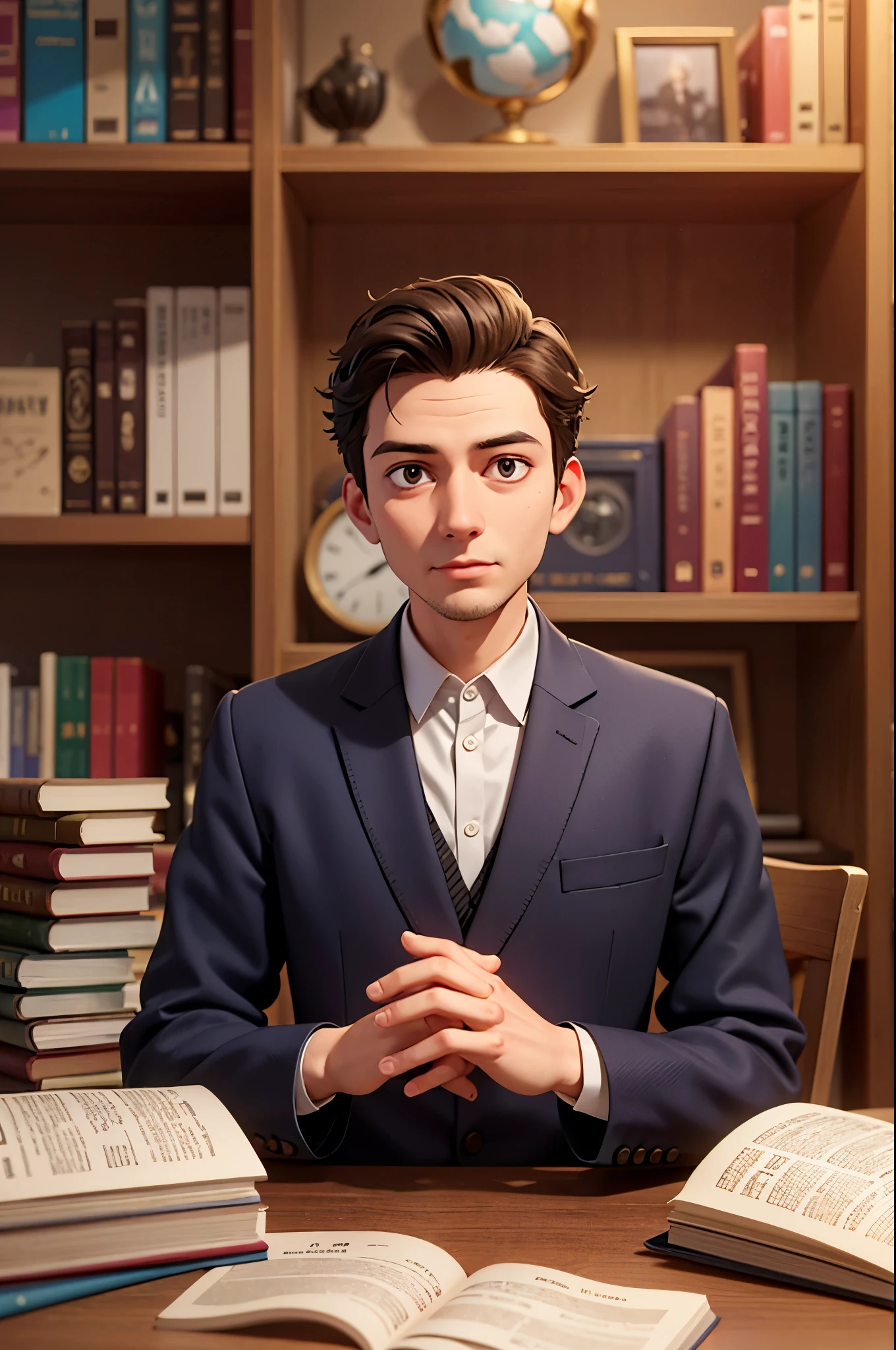 Develop an illustration that depicts an exceptionally intelligent man, approximately 30 years old, facing the camera, in a room full of books