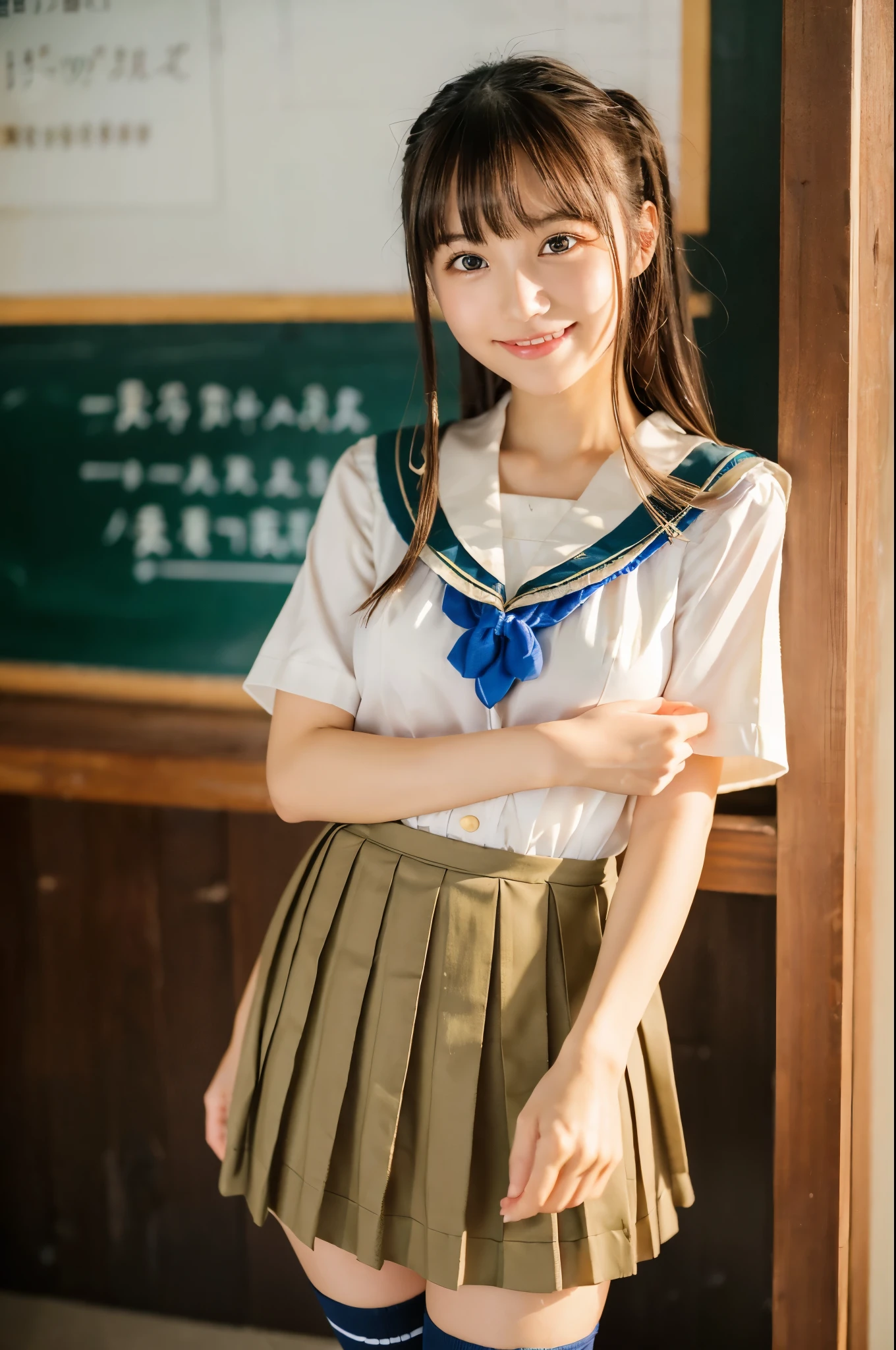 ulzzang -6500-v1.1, (Raw photo:1.2), (Photorealsitic), a beautiful detailed girl, (Real: 1.4), ighly detailedな目と顔, beatiful detailed eyes, ((Schools, ‎Classroom, Pleated mini-skirt, Japan school uniform, serafuku:1.3))、(Ultra-realistic pantyhose:1.2), (shoe:1.2),  (Very affectionate smile:1.2)、huge filesize, hight resolution, ighly detailed, top-quality, [​masterpiece:1.6], illustratio, ighly detailed, nffsw, finely detail, top-quality, 8k wallpaper, Cinematographic lighting, 1girl in, , perfect body type, cute droopy eyes beautiful big eyes、Pieckfinger, ((masutepiece)), Best Quality, 1girl in, eye shadow, Upper body, Portrait, ((FULL BODYSHOT:1.6))、