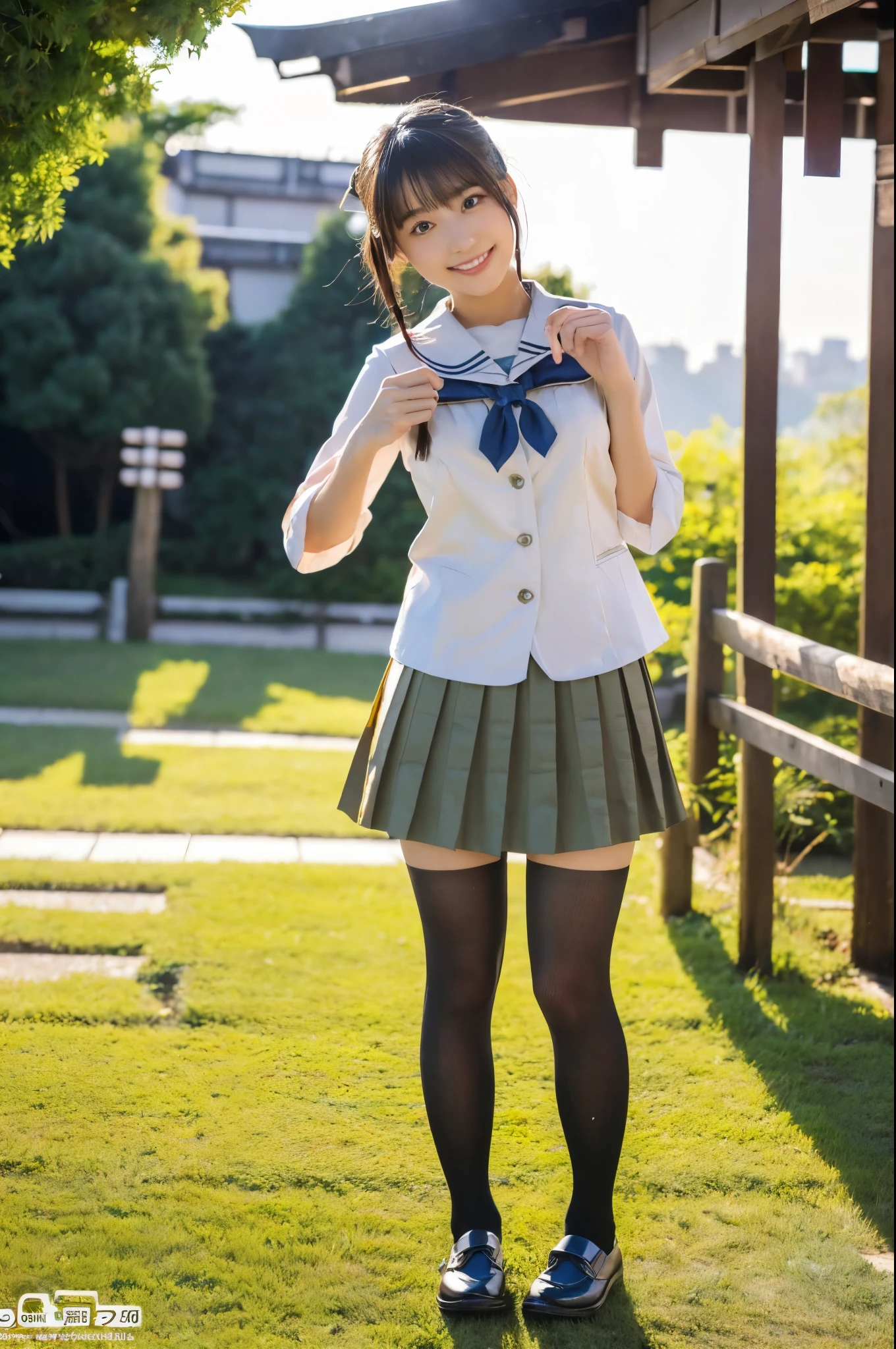 ulzzang -6500-v1.1, (Raw photo:1.2), (Photorealsitic), a beautiful detailed girl, (Real: 1.4), ighly detailedな目と顔, beatiful detailed eyes, ((Schools, ‎Classroom, Pleated mini-skirt, Japan school uniform, serafuku:1.3))、(Ultra-realistic pantyhose:1.2), (shoe:1.2),  (Very affectionate smile:1.2)、huge filesize, hight resolution, ighly detailed, top-quality, [​masterpiece:1.6], illustratio, ighly detailed, nffsw, finely detail, top-quality, 8k wallpaper, Cinematographic lighting, 1girl in, 17 age, perfect body type, cute droopy eyes beautiful big eyes、Pieckfinger, ((masutepiece)), Best Quality, 1girl in, eye shadow, Upper body, Portrait, ((FULL BODYSHOT:1.6))、