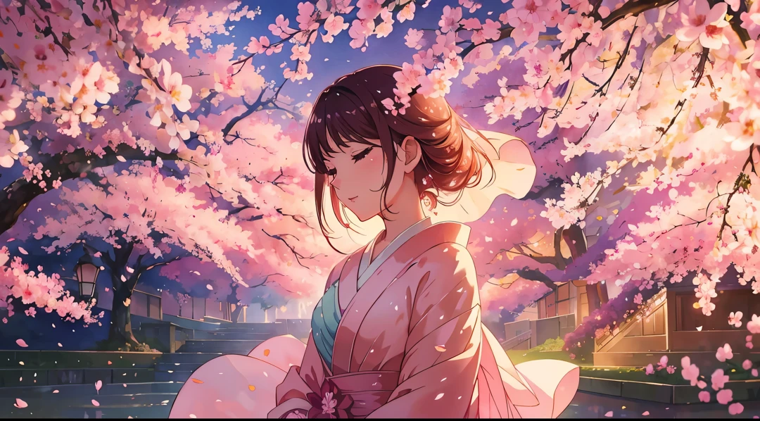 Sakuras bonitas no vento, with foaming dew drops on the petals, estilo de arte anime impressionante, cores vibrantes, soft and dreamy lighting, High resolution and realistic details.