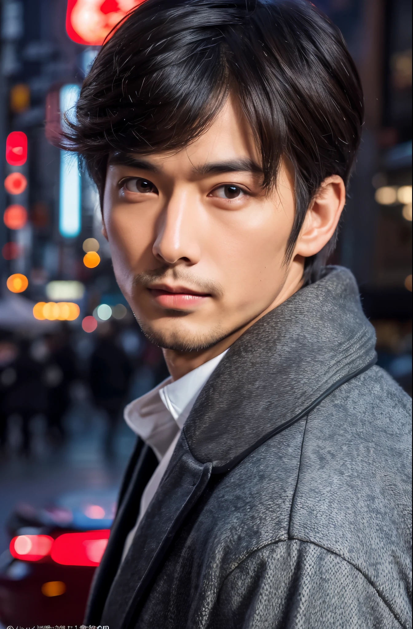 Photorealsitic, 8K full body pinup poster, a handsome, japanes, a 25-year-old man, serious facial expression, Sharp eyes, A charming expression, detailed face details, TOKYOcty, Winters, Shibuya in the background
