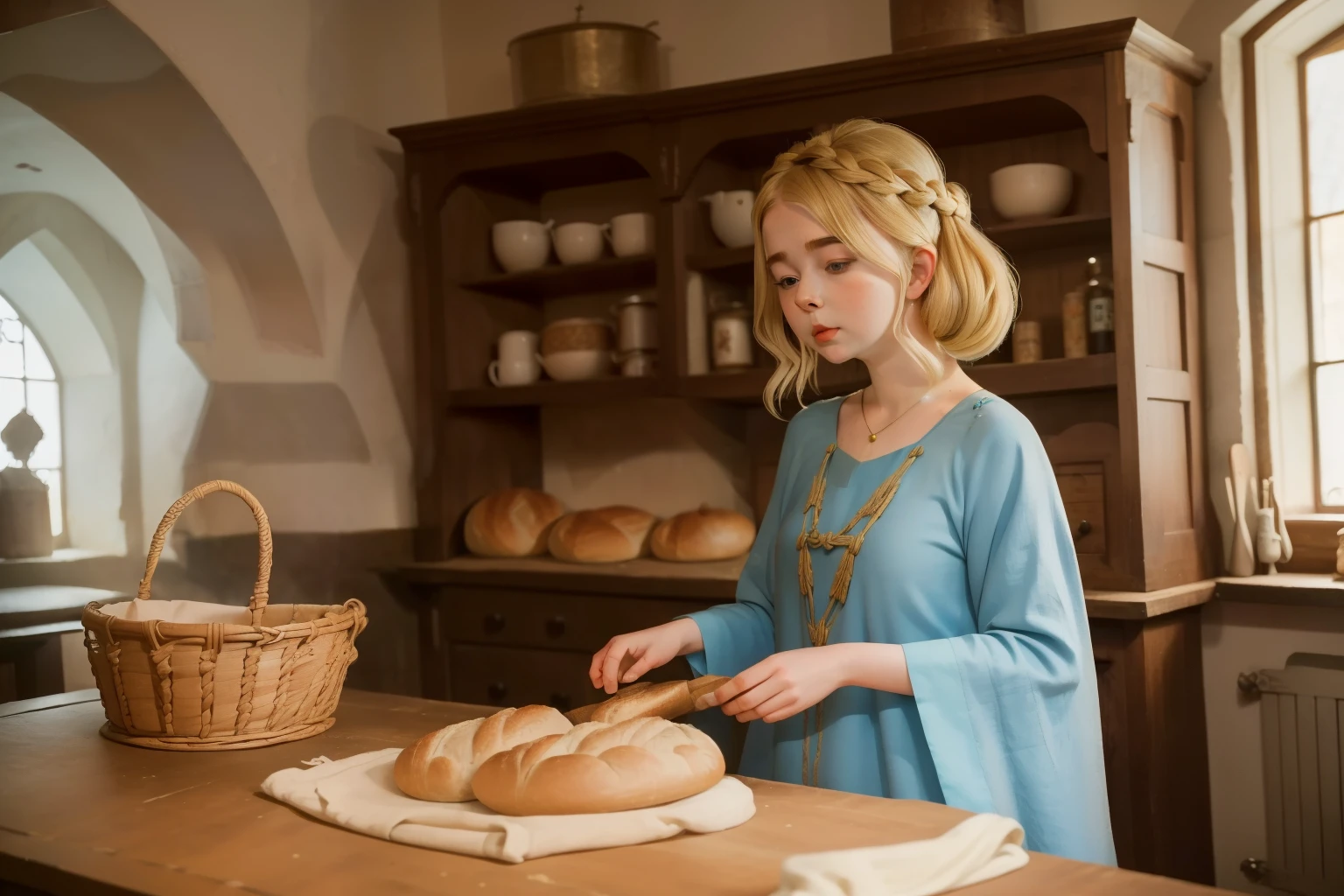 1143, Kingsbridge, England. otherworldly scene in a medieval house, ((((13-year-old)) Mckenna Grace)), cooking a meal in a 12th century ancient kitchen, ((((tunic from the 12th century)))), ((dark blonde Hairstyle of the 12th century)), ((Wes Anderson cinematic style)), colorful