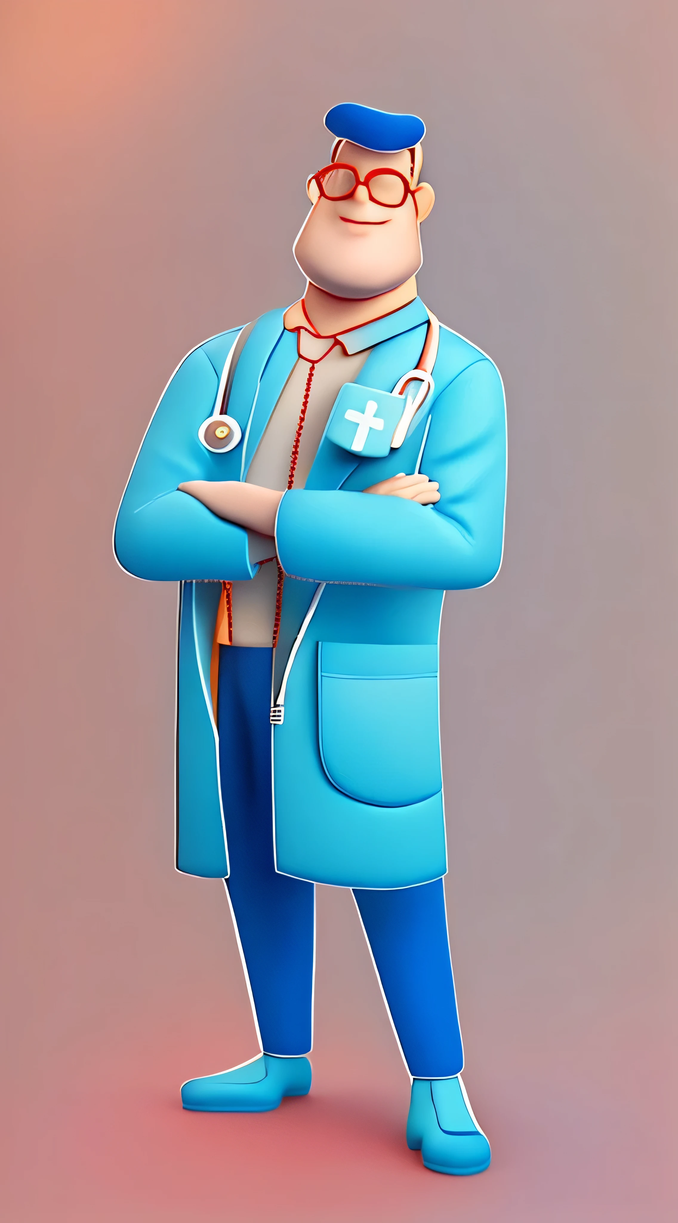 One wears glasses、Male doctor character wearing blue shirt, He has a stethoscope hanging around his neck, Animated characters, stylized characters, animation style rendering, 3D stylization, arnold maya render, stylized 3d render, Render key shots, 3D characters, 3D characters, stylized 3d render, 3D characters渲染, 人物, Close-up characters, Character pose, (pixar-style) (The main part: 1.2) (Scattering) (Best quality) (delicate skin) (fine texture) (8K) (clay) (电影灯光) (Focus sharp)