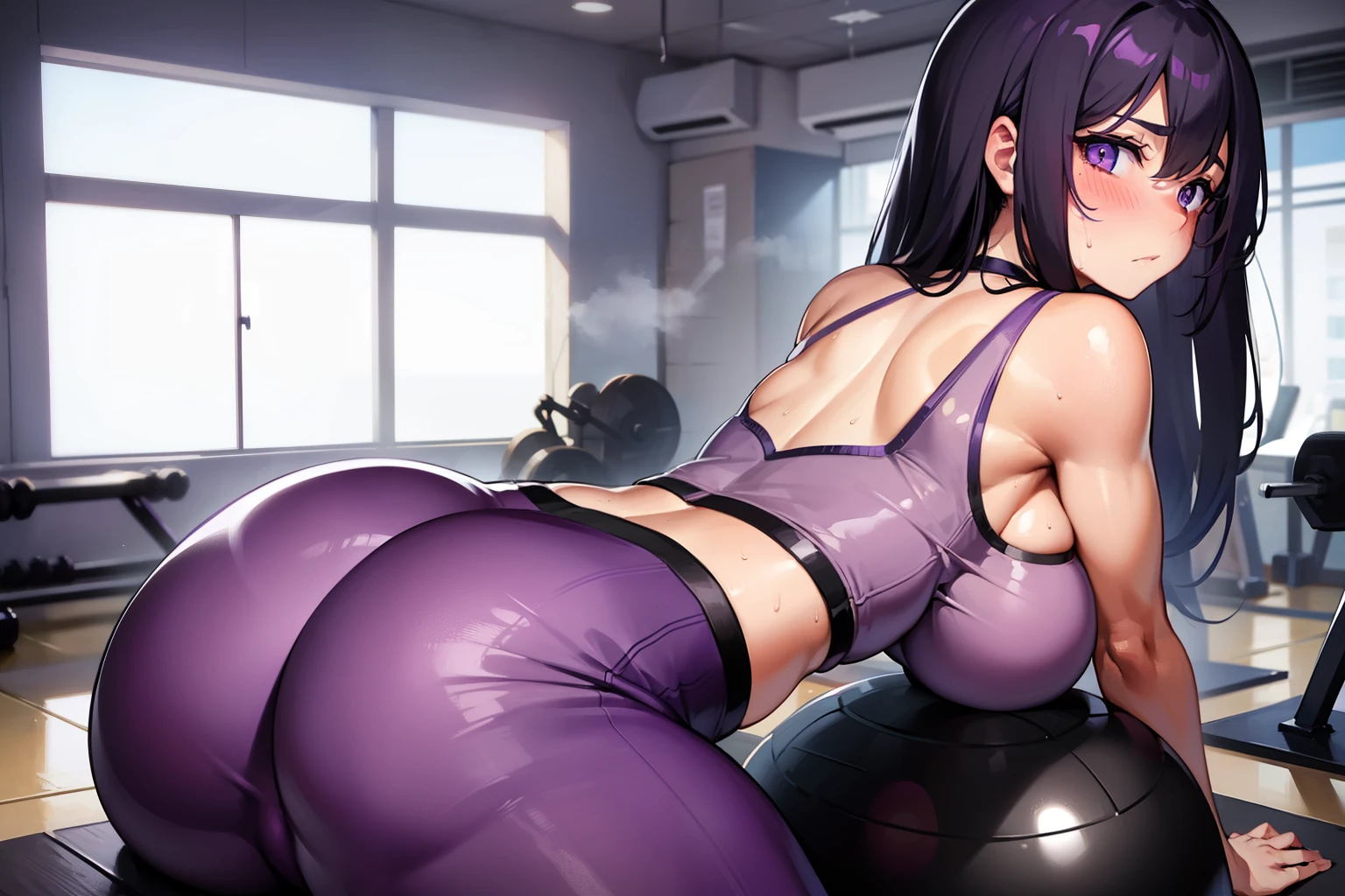 (masterpiece), best quality, expressive eyes, perfect face, gym, workout, hot, sweating, sweaty, tan, big boobs, tan skin, flustered, blush, purple clothes, see thru, yoga pants, black hair, sitting on exercise ball, gym ball, exercise ball, curvy woman , black hair , straight hair, purple eyes, emberased, purple hair, purple eyes ultra hd,