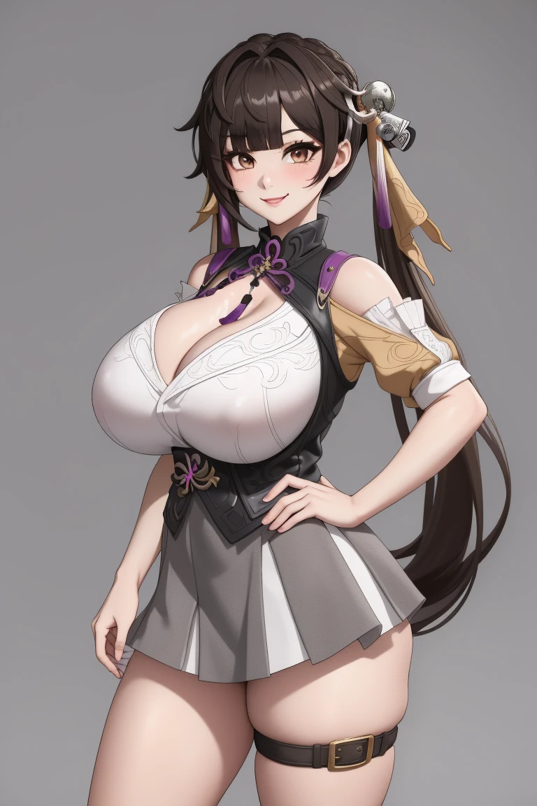 fullbody portrait, masterpiece, best quality,sushang,1girl, smile,cowboy shot, grey background, gigantic breasts,large, very short skirt, pantie, ((gigantic_breasts))), random sexy pose