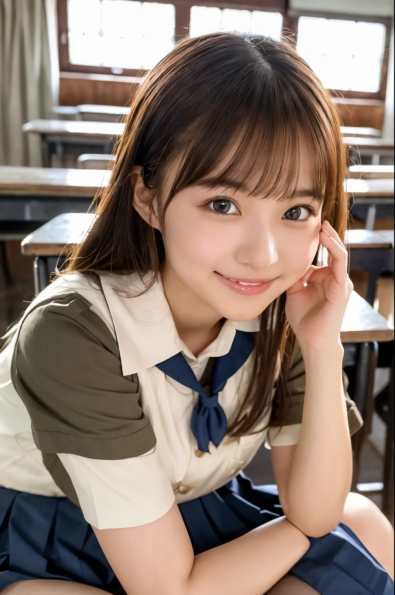 ulzzang -6500-v1.1, (Raw photo:1.2), (Photorealsitic), a beautiful detailed girl, (Real: 1.4), ighly detailedな目と顔, beatiful detailed eyes, (((Schools, ‎Classroom, Pleated mini-skirt, Japan school uniform, serafuku:1.3)))、(Ultra-realistic pantyhose:1.2), (shoe:1.2),  (Very affectionate smile:1.2)、huge filesize, hight resolution, ighly detailed, top-quality, [​masterpiece:1.6], illustratio, ighly detailed, nffsw, finely detail, top-quality, 8k wallpaper, Cinematographic lighting, 1girl in, , perfect body type, cute droopy eyes beautiful big eyes、Pieckfinger, ((masutepiece)), Best Quality, 1girl in, eye shadow, Upper body, Portrait, ((FULL BODYSHOT:1.6))、