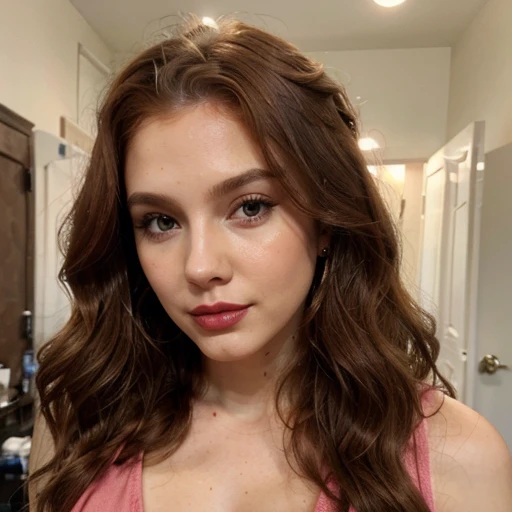 A lady, ginger, wavy hair, makeup, lipsticks, blush, sleeveless shirt, earrings