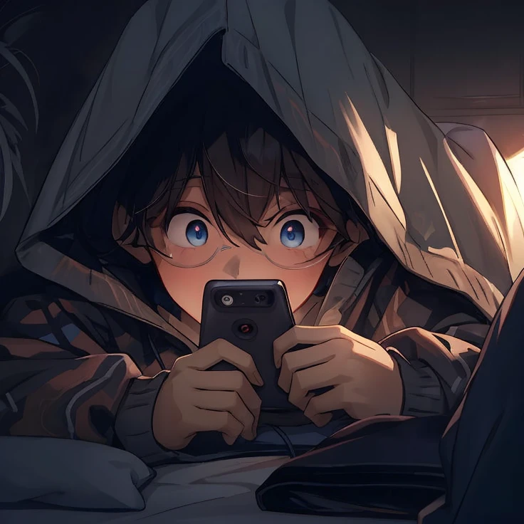 anime boy with blue eyes, use black glasses, in bed with hoodie looking at his phone, digital anime illustration, anime picture, 4k manga wallpaper, 4k anime wallpaper, soft anime illustration, anime wallaper, anime art wallpaper 8k, guweiz on pixiv artstation