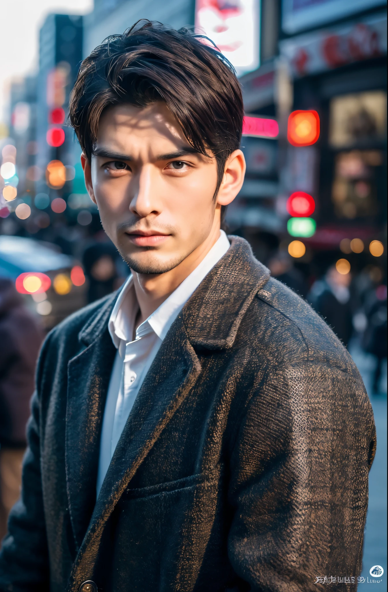 Photorealsitic, 8K full body pinup poster, a handsome, japanes, a 25-year-old man, serious facial expression, Sharp eyes, A charming expression, detailed face details, TOKYOcty, Winters, Shibuya in the background