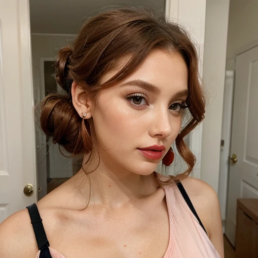 A lady, ginger, wavy updo hair, makeup, lipsticks, blush, sleeveless shirt, earrings