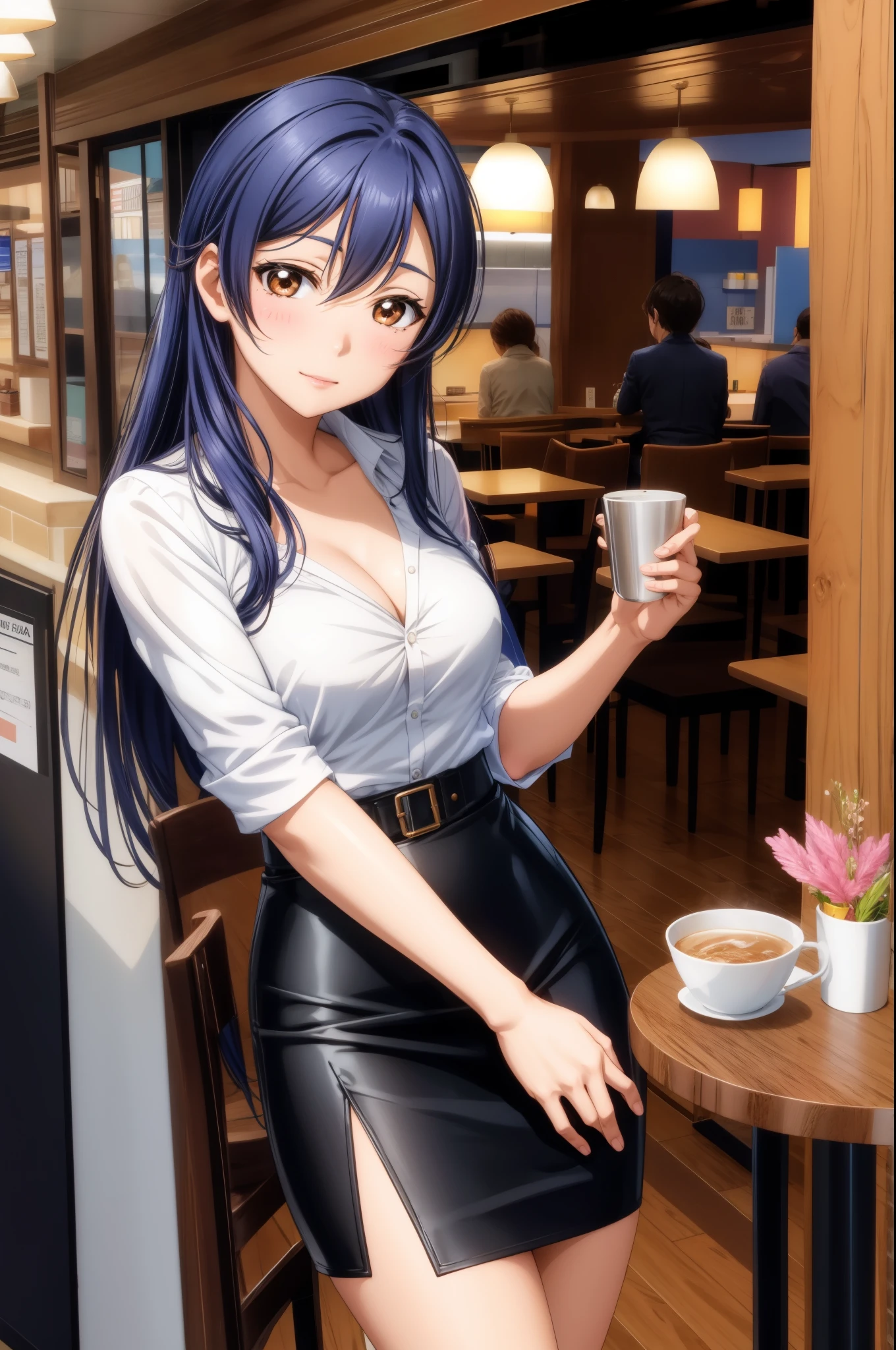Solo, cowboy shot,Sonoda umi, long straight hair, short pencil skirt, cleavage,blushing, standing, in cafe