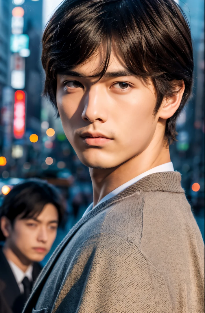 Photorealsitic, 8K full body pinup poster, Beautiful Boys, japanes, An 18-year-old man, serious facial expression, Sharp eyes, A charming expression, detailed face details, TOKYOcty, Winters, Shibuya in the background