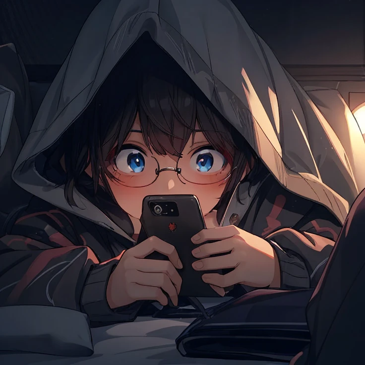 anime boy with blue eyes, use black glasses, in bed with hoodie looking at his phone, digital anime illustration, anime picture, 4k manga wallpaper, 4k anime wallpaper, soft anime illustration, anime wallaper, anime art wallpaper 8k, guweiz on pixiv artstation