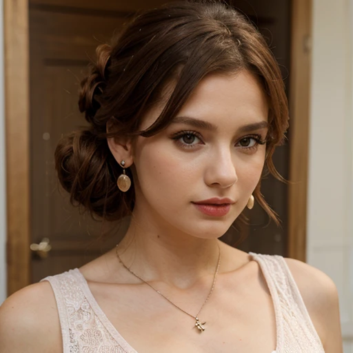 A lady, ginger, wavy updo hair, makeup, lipsticks, blush, sleeveless shirt, earrings, necklace