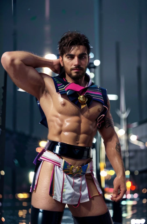 Sailor jupiter male version , ((muscle man , abs , 30 years old , beard , sailor moon outfit in latex , tattoo)) in dark night (rain , little moon, city , glitter) plane 3/4 , Full length portrait , 8k , high definition , perfect details.