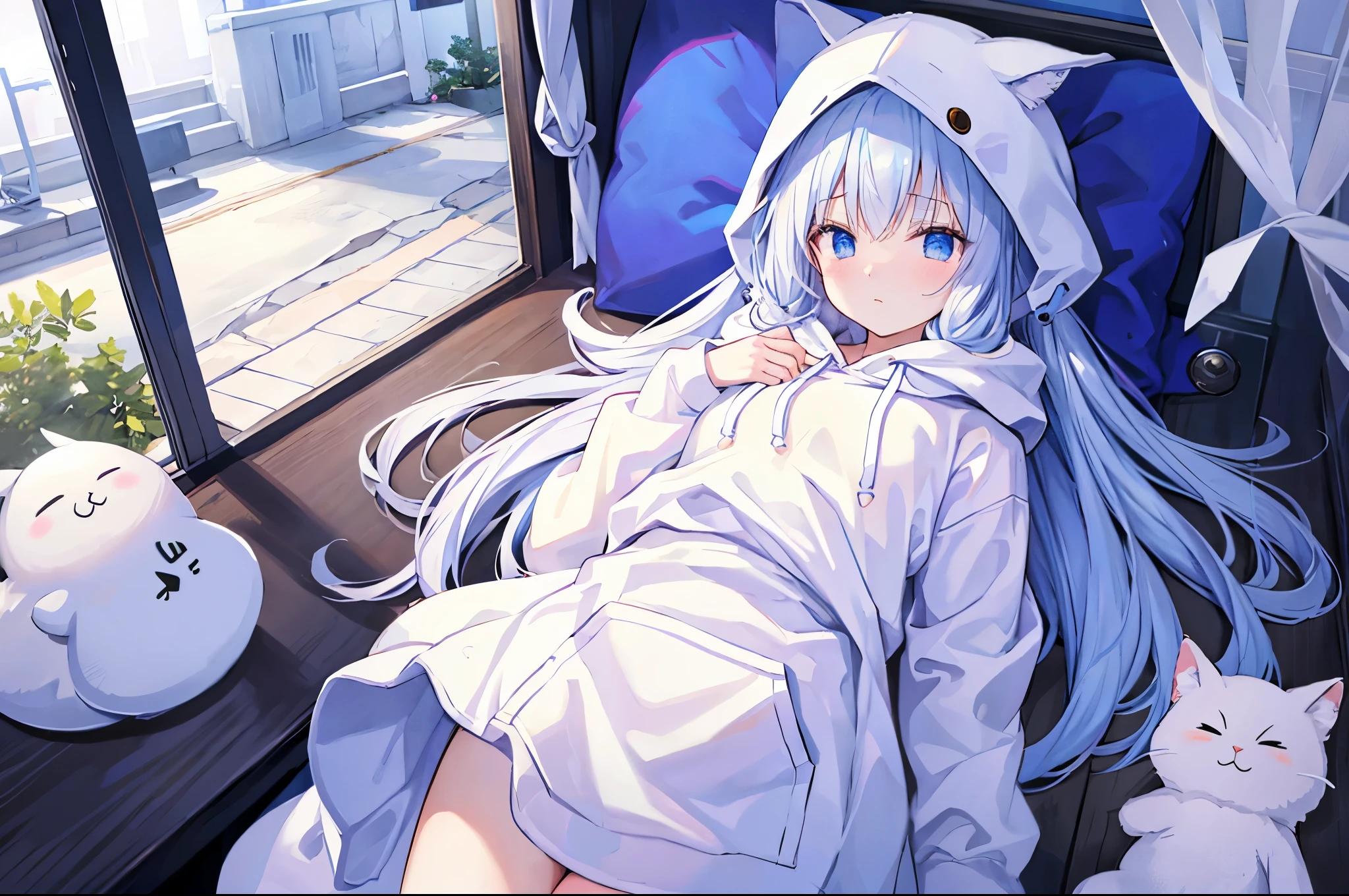 Cute anime girl, laying in bed, cute++, Long blue hair, cat ears, hoodie (white fluffy hoodie)++, exposed thighs, socks, shy (blushing), NSFW, missionary sex