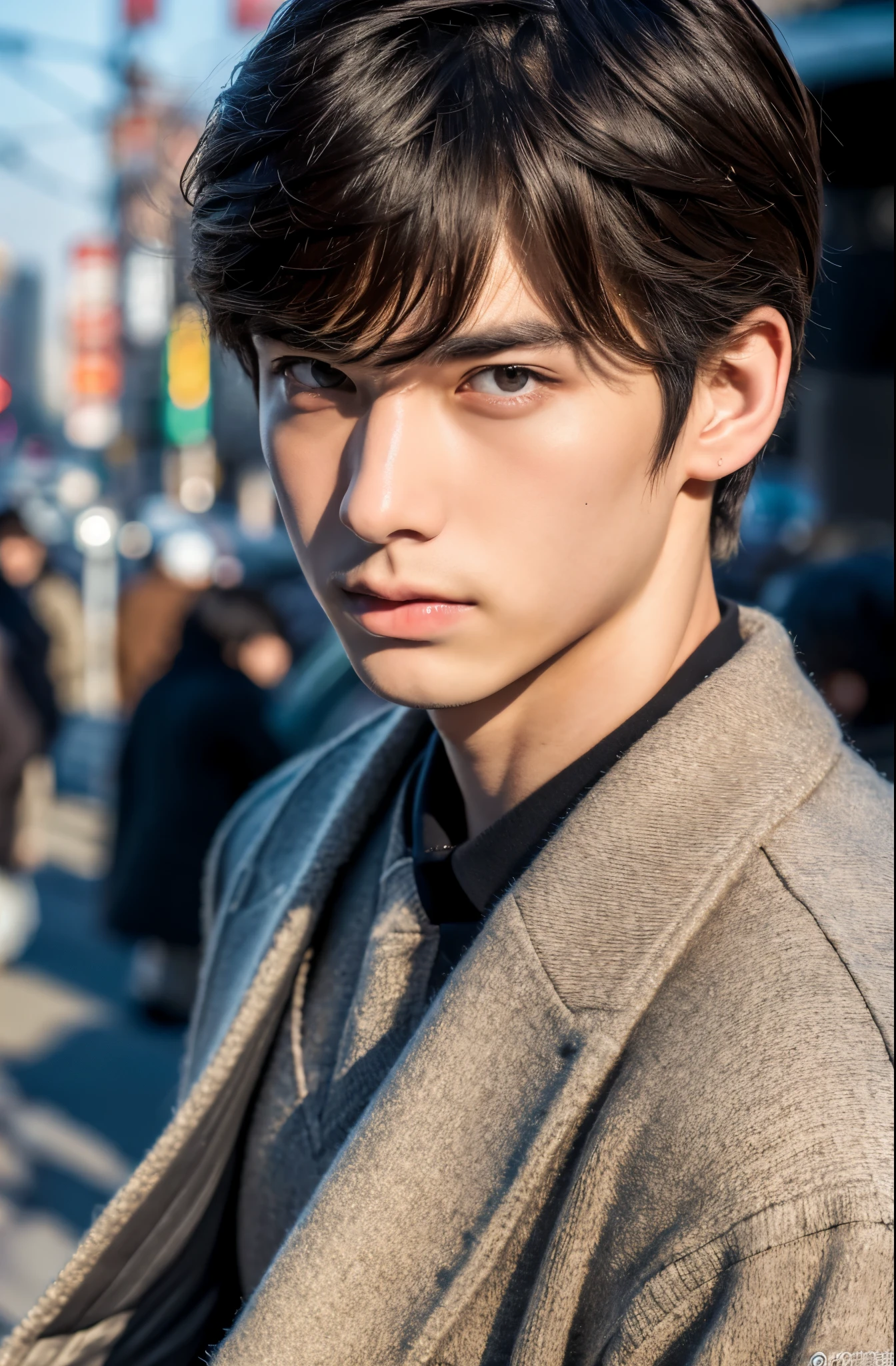 Photorealsitic, 8K full body pinup poster, Beautiful Boys, japanes, An 18-year-old man, serious facial expression, Sharp eyes, A charming expression, detailed face details, TOKYOcty, Winters, Shibuya in the background