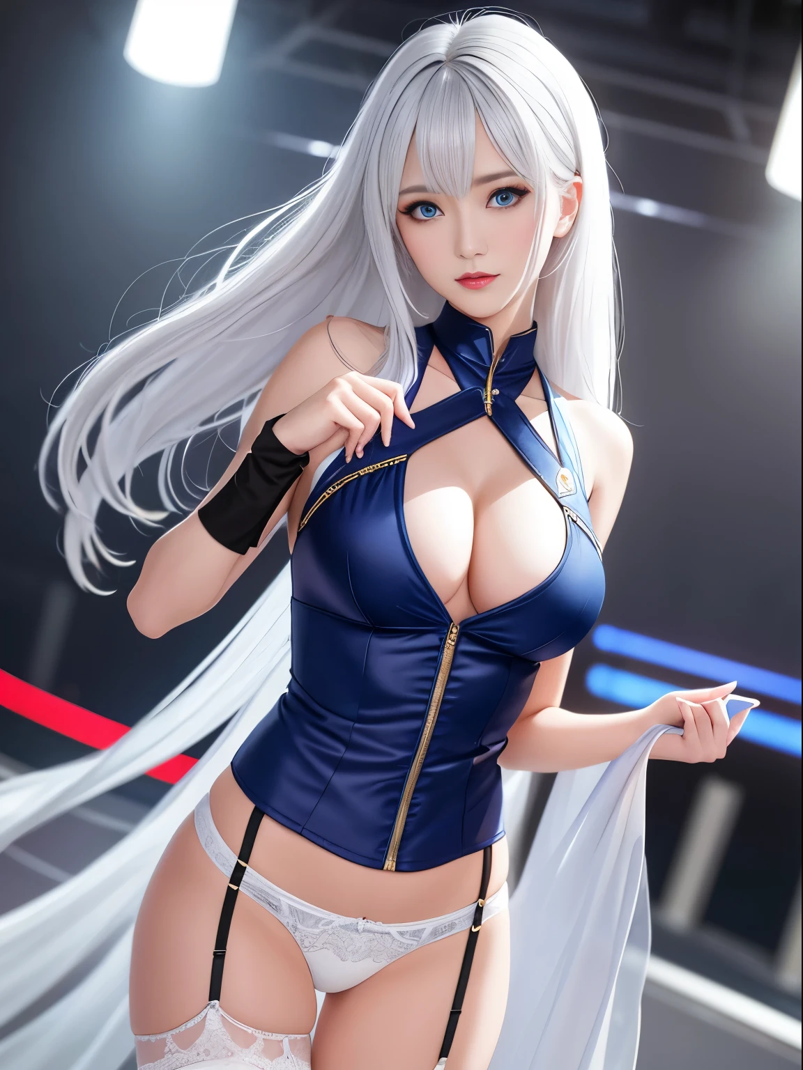 tmasterpiece, 8K, high qulity (photography of) 1 Beautiful woman,(详细的脸)full bodyesbian,lacepantyhose, Garter belt,eBlue eyes, elbow game, mitts, hair between eye, joint, long whitr hair, scientific fiction, cropped tank top, White hair, (torn clothes lighting),