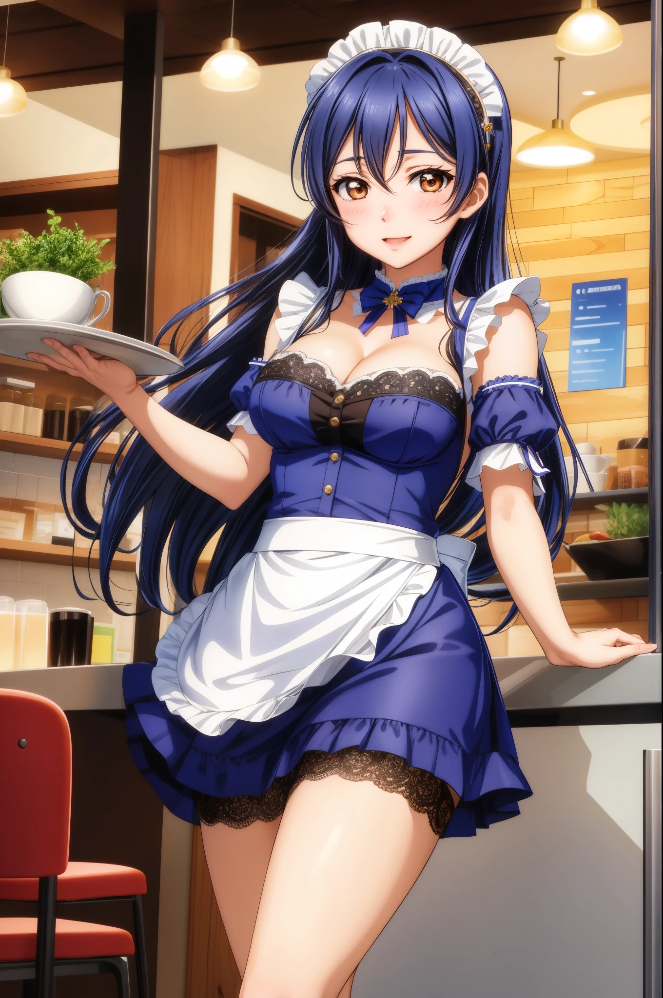 Solo, cowboy shot,Sonoda umi, long straight hair, maid outfit,short pencil skirt, cleavage,blushing, standing, in cafe