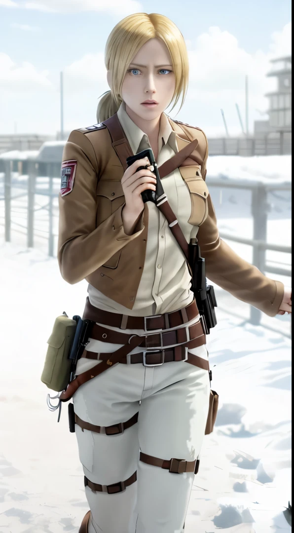 a woman with a gun and a gun in her hand, from attack on titan, by Akihiko Yoshida, attack on titan covert art, in attack on titan, mikasa ackerman, attack on titan, snk, annie leonhart, attack on titans, looking like annie leonhart, shingeki no kyojin, barack obama in attack on titan,Attack on Titan female character Historia,golden hair,Long golden hair,Combat attire,binh,metal light holder,golden hair,blue color eyes