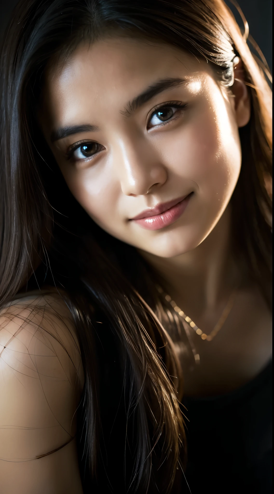 highest quality, epic realistic, ((in the pitch black darkness :1.4)), ((portrait:1.5)),(background: dark ) high contrast ,glorious picture, lowest lux, lighting face, she's comfortable, wearing nothing,  , looks incredible, (8k, Raw photo, Highest quality),(epic realistic:1.5), a woman, face,(detailed eyes:0.8),(looking at the camera:1.4), (Highest quality), ( high contrast, deep shadows),Intricate details,cinematic,((skin:1.4)), (long dark hair:1.3), long hair, messy ,(Hdr:1.5),Detailed, colors, Superior quality, Masterpiece, Raw Photo (20-year-old, looking at viewer), beautiful, (wearing plain yellow shirt,), perfect, natural, perfect composition, portrait, perfect face, smiling expression, Captivating eyes, Bright details, Tight lips, (High Skin Detail),, (blue tint: 0.6), (sale: 0.8), (bloody: 0.7), Key lighting , (backlight: 0.5), Medium depth of field, Canon 5d, 50mm lens, f/4 apertures, (Ultra-detailed, Complex detail), sharp focus, soft colors, 8k, Absurd, 80mm, dark background, photography, smiling, pinay, filipina, medium boobs,