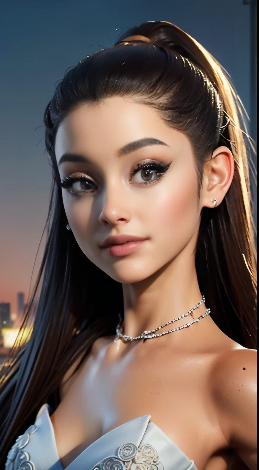 photo of Ariana Grande, RAW, beautiful woman, ((portrait)), ((detailed face:1.2)), ((detailed facial feature, detailed skin, clear skin), (perfect proportioned body), (wearing an intricate dress) (high detailed city environment, apartment balcony), (realistic photo, best quality, detailed), (8k wallpaper), (cinematic lighting, dramatic lighting) (sharp focus, intricate)