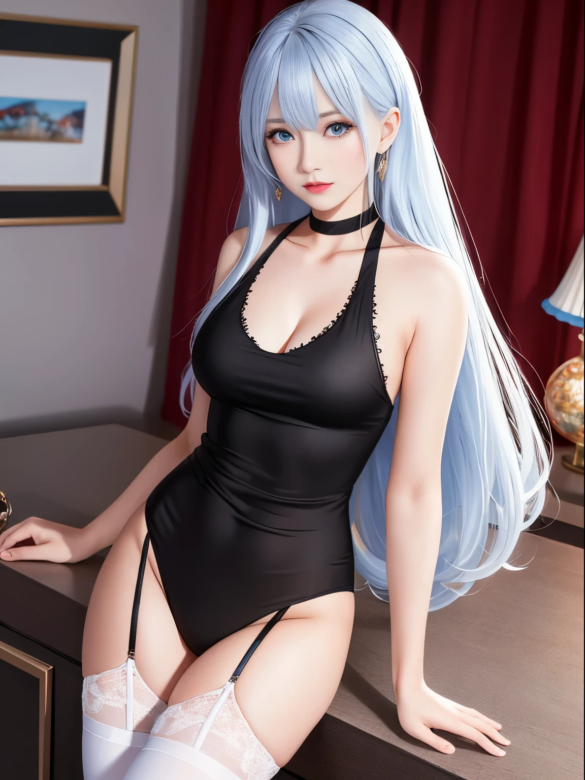 tmasterpiece, 8K, high qulity (photography of) 1 Beautiful woman,(详细的脸)full bodyesbian,lacepantyhose, Garter belt,eBlue eyes, elbow game, mitts, hair between eye, joint, long whitr hair, scientific fiction, cropped tank top, White hair, (torn clothes lighting),