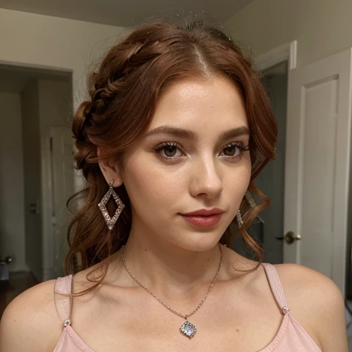 A lady, ginger, wavy updo hair, makeup, lipsticks, blush, sleeveless shirt, diamond earrings, necklace