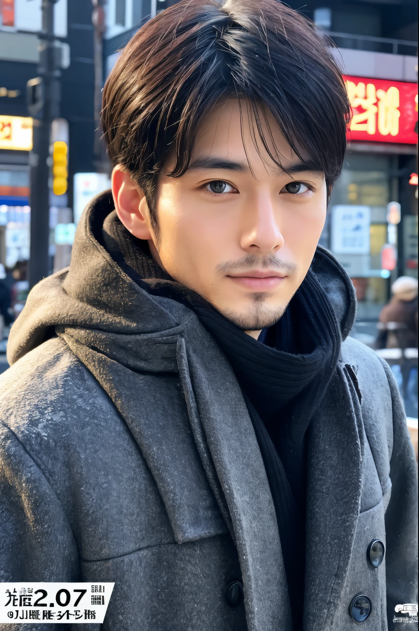 Photorealsitic, 8K full body poster, a handsome, japanes, a 25-year-old man, A charming expression, detailed face details, TOKYOcty, Winters, Shibuya in the background