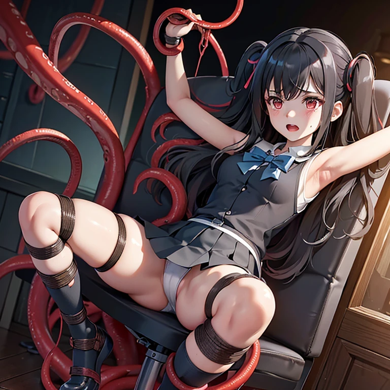 Facing the front,Show both sides,Banzai with both arms,sitting on a chair in the basement,white panty,The legs are spread in an M shape,Woman with open legs, ripped school uniform,skirt by the, Glowing face,Open mouth,Impatient face,absurderes, female bondage, (tied to a metal chair ,Bondage rope, robot bondage),(robot tentacles wrapped around body),tightly bound, surrounded by robot tentacles,brush tentacles, Tentacles through clothes, Legs wide open, Legs open, Spread legs, Restraint feet, restrained arms, Tears, (Robot tentacles wrapped around armpits,Robot tentacles wrapped around thighs,),Bottom Angle,Tentacles are waiting on the ground