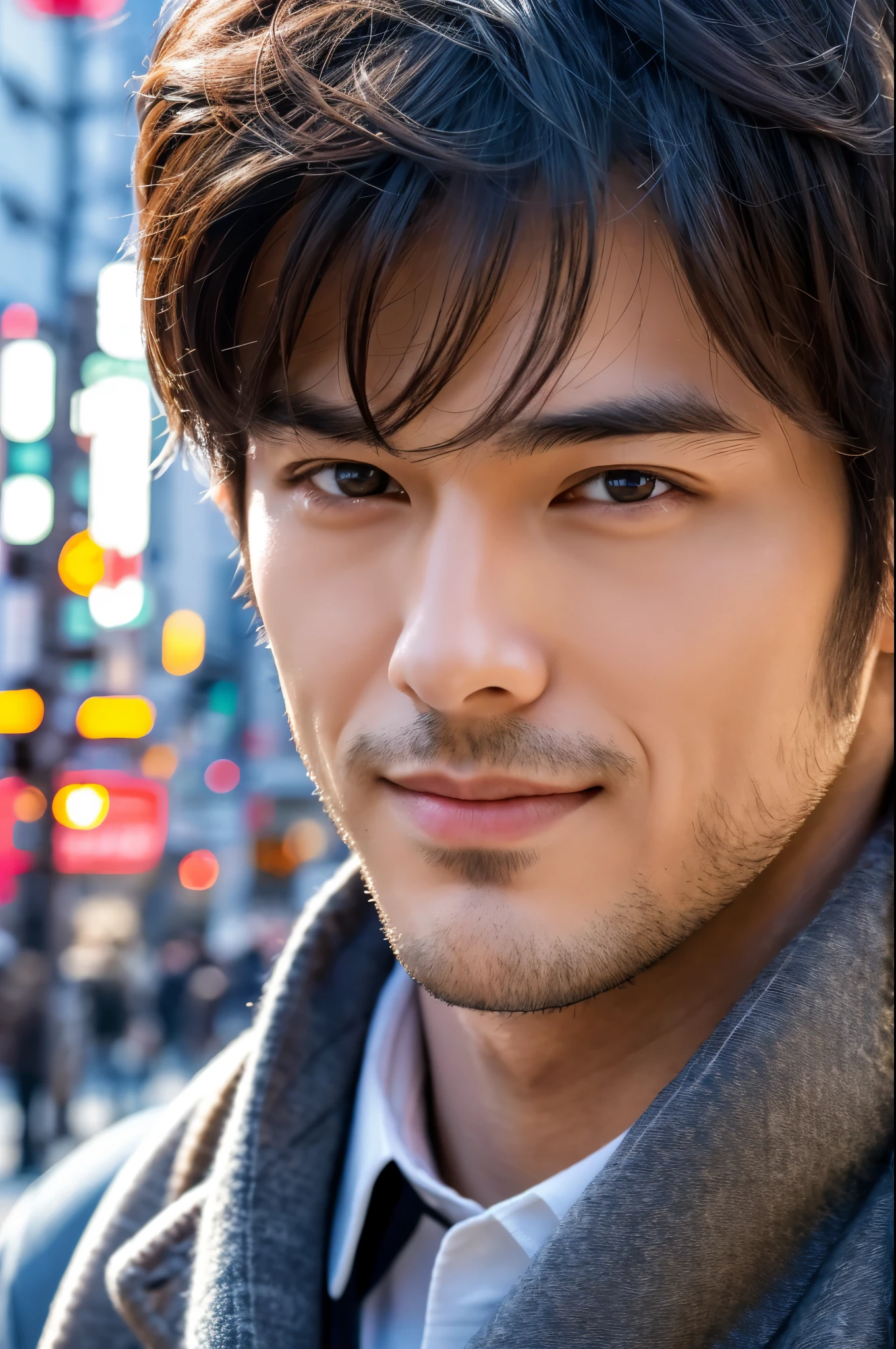 Photorealsitic, 8K full body poster, a handsome, japanes, a 25-year-old man, A charming expression, detailed face details, TOKYOcty, Winters, Shibuya in the background