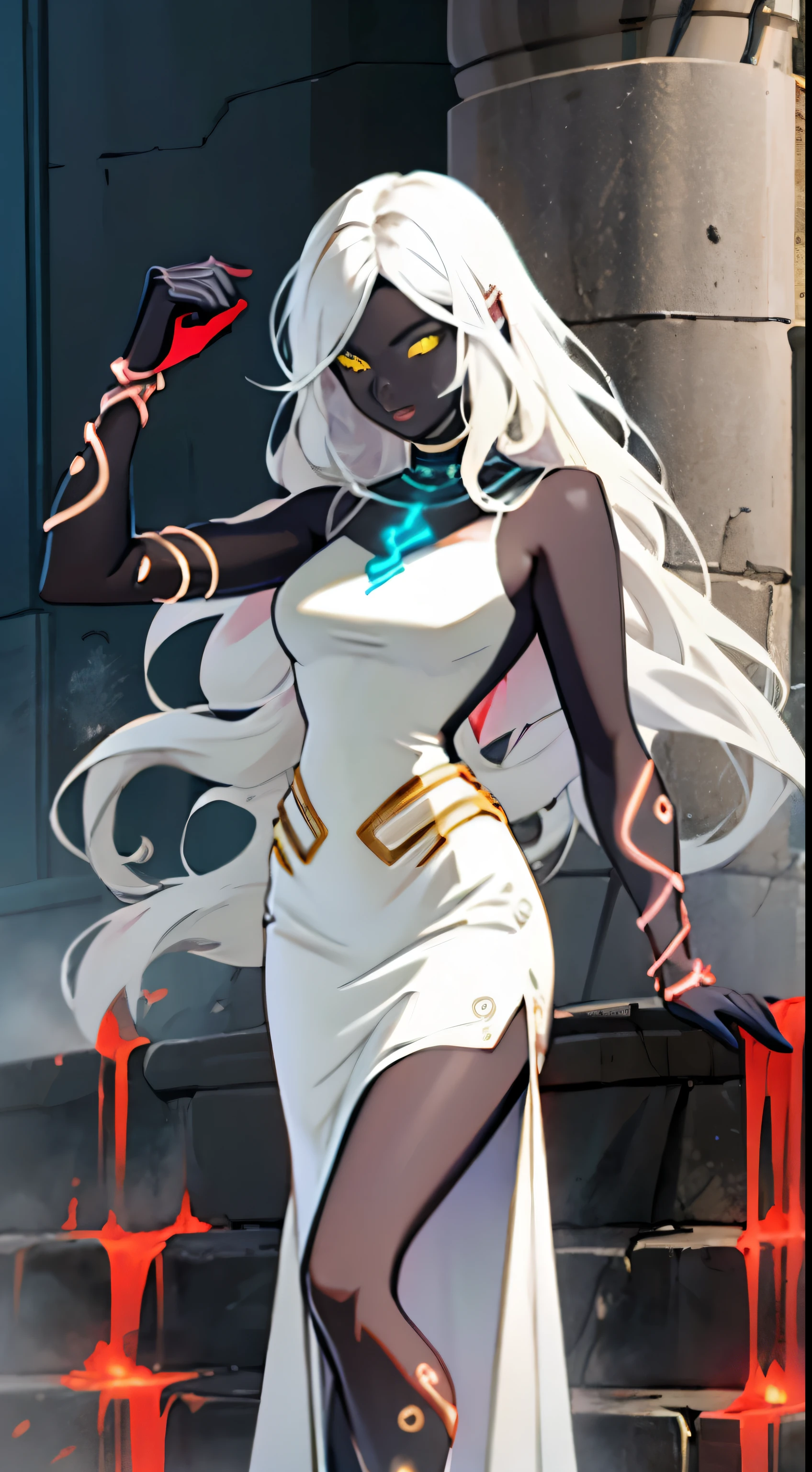 A beautiful and sexy woman with long white hair and yellow eyes and who has a very sexy body and who has a white dress and who has several runes on her body