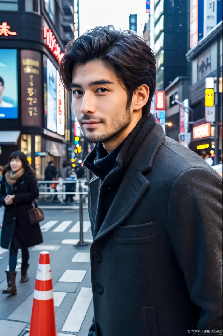 Photorealsitic, 8K full body poster, a handsome, japanes, a 25-year-old man, A charming expression, detailed face details, TOKYOcty, Winters, Shibuya in the background