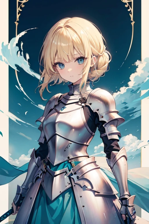 A blonde haired female knight with teal eyes is flipping through the air with a blade