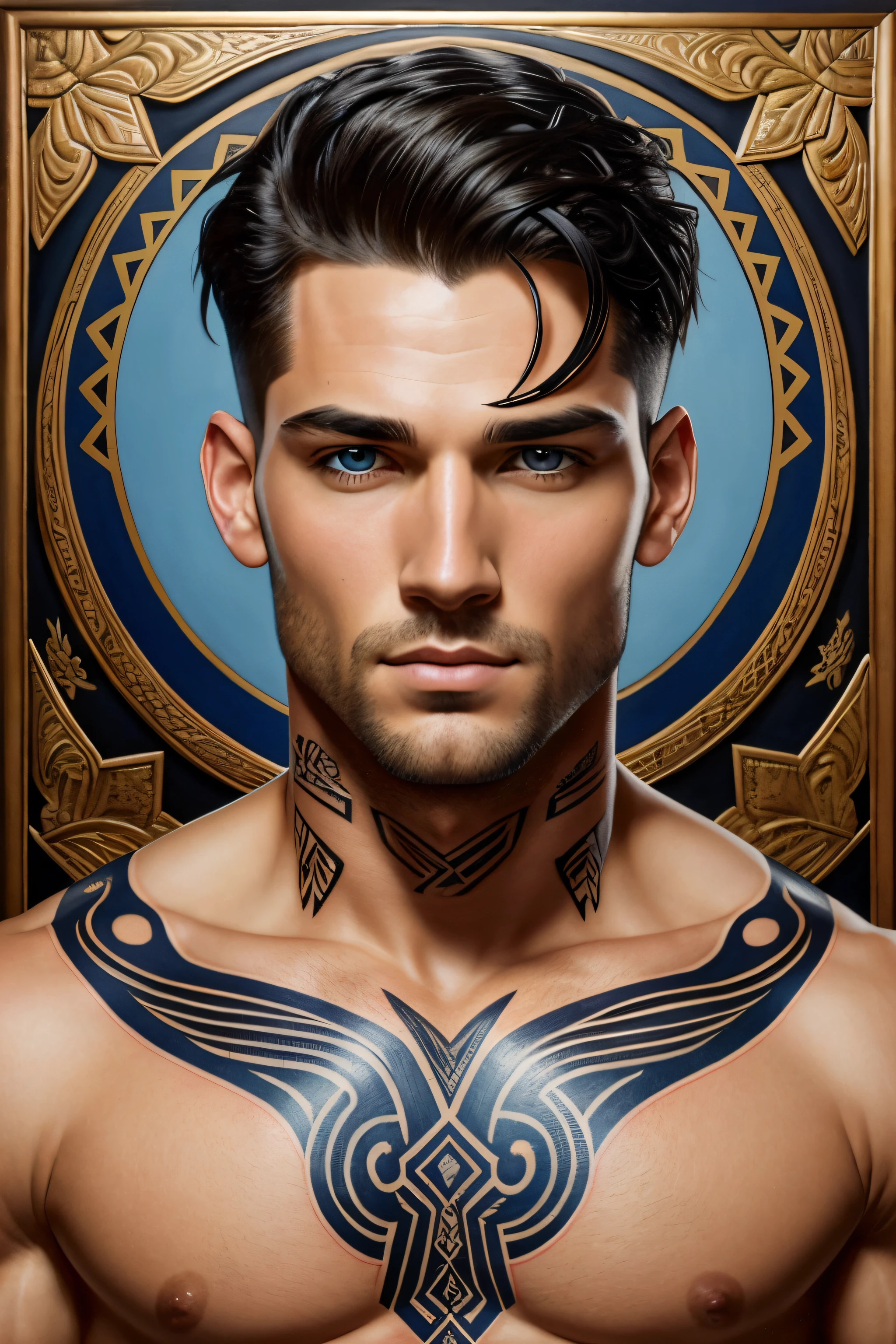 pintura de retrato ultra realista de um homem bonito e perfeito, olhos azuis, cabelo preto, tribal snake tattoo on neck, pintado por Tristan Eaton Stanley Artgerm e Tom Bagshaw