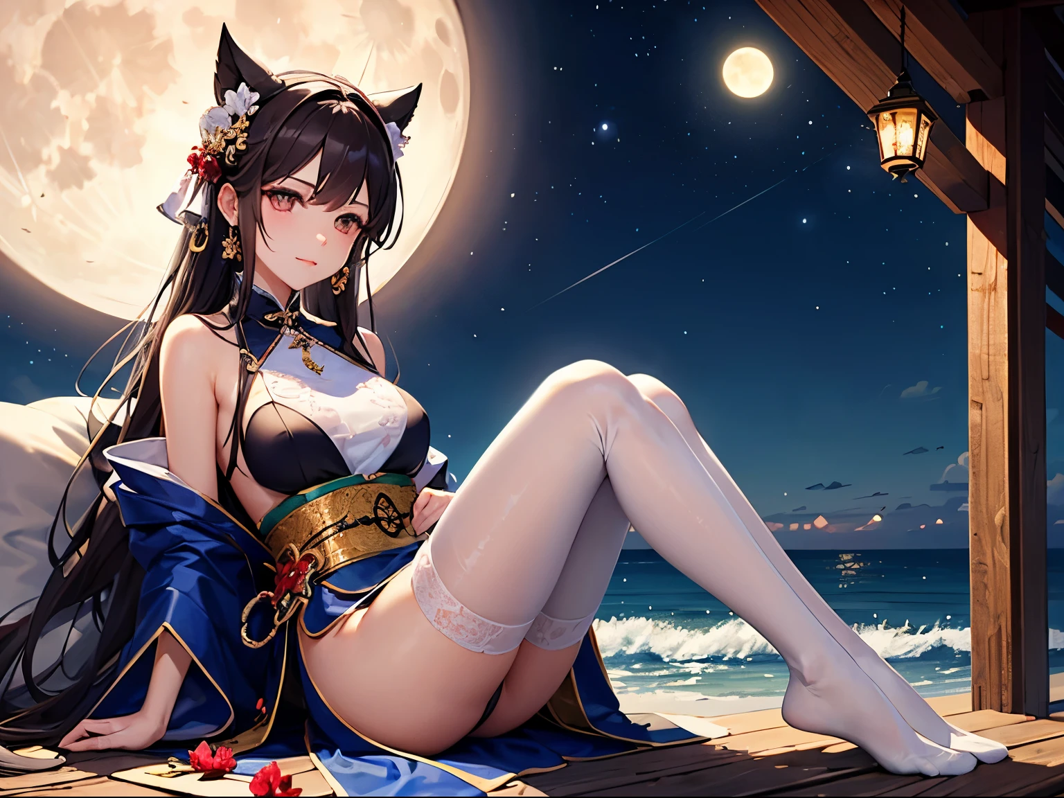 The pure white girl is icy and jade-free. Her hibiscus-long hair is waist-length. She is wearing silk and elegant white stockings with metal ornaments.（White and translucent meat） A shy expression。spoony。 Scene setting The bright moon rises over the sea，Tianya Gong is now wearing a garland on her head, and the dreamy wind is blowing her clothes。