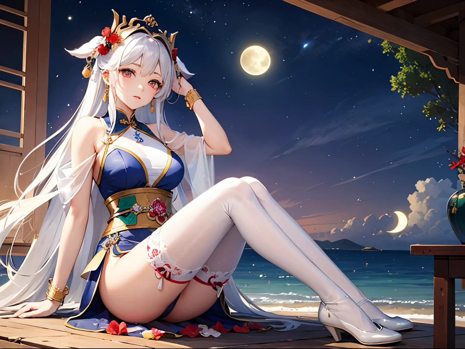 The pure white girl is icy and jade-free. Her hibiscus-long hair is waist-length. She is wearing silk and elegant white stockings with metal ornaments.(White and translucent meat) A shy expression。spoony。 Scene setting The bright moon rises over the sea,Tianya Gong is now wearing a garland on her head, and the dreamy wind is blowing her clothes。