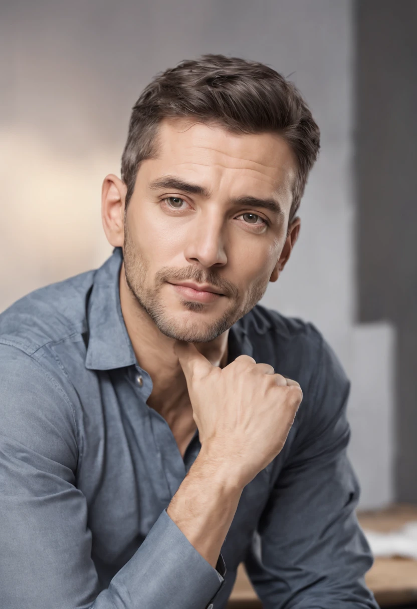 Foto de perfil atraente, triste, master part, Ultra-accurate rendering, HOMEM, 30 ANOS, CAMISA SOCIAL CINZA, hand on her chin, Inside the office, Foto de perfil atraente, feliz, master part, Ultra-accurate rendering, (8K, melhor qualidade: 1.2), (obra-prima: 1.37), (foto, fotorrealista: 1.37), (ultra-highresolution),(alta nitidez ), reliable, homem reliable, rosto e olhos detalhados, Obra-prima, melhor qualidade, (foto altamente detalhada: 1.1)