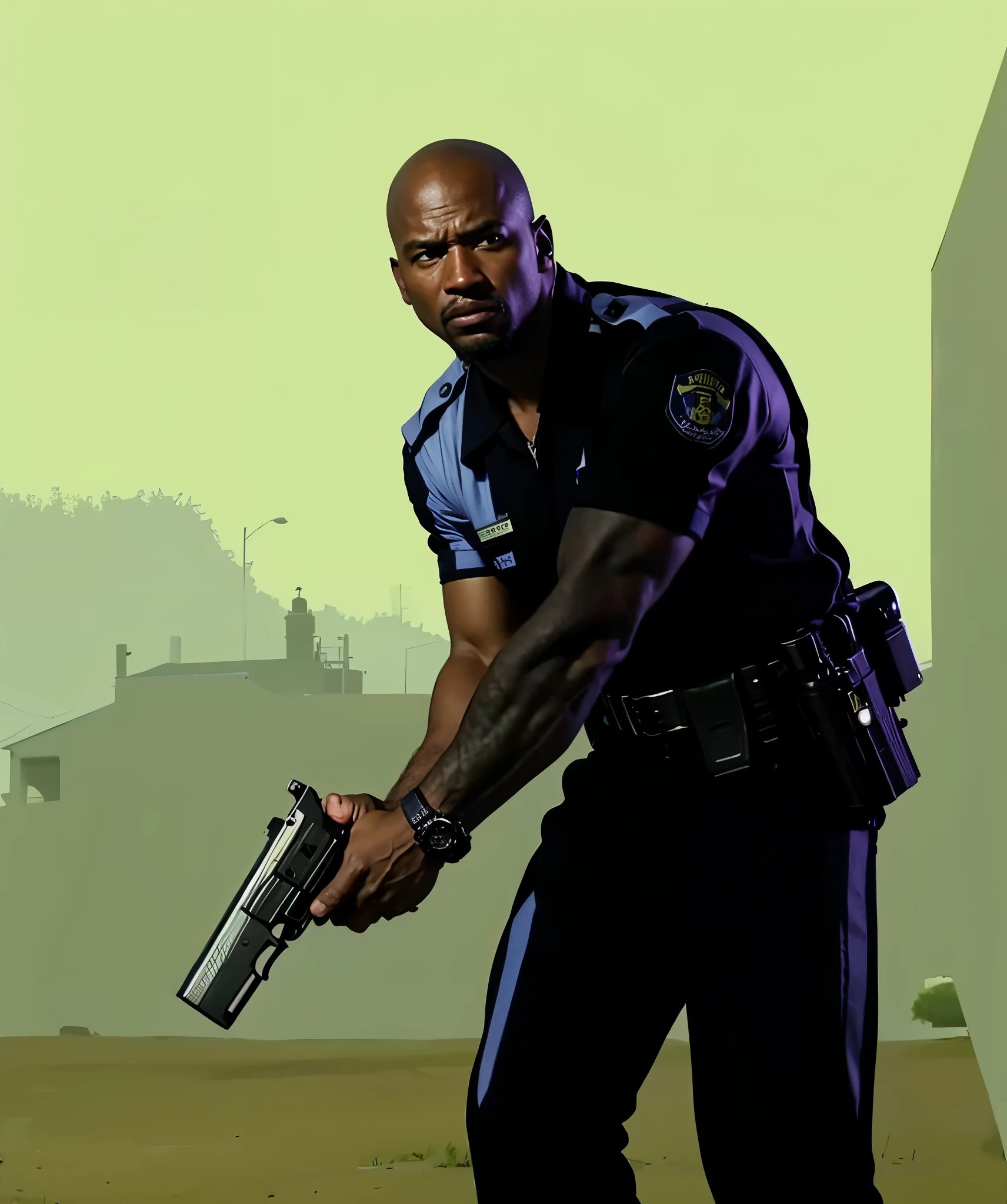 Officer tenpenny, black guy, police officer, middle age, gta san andreas, navy blue police uniform, bald, gun