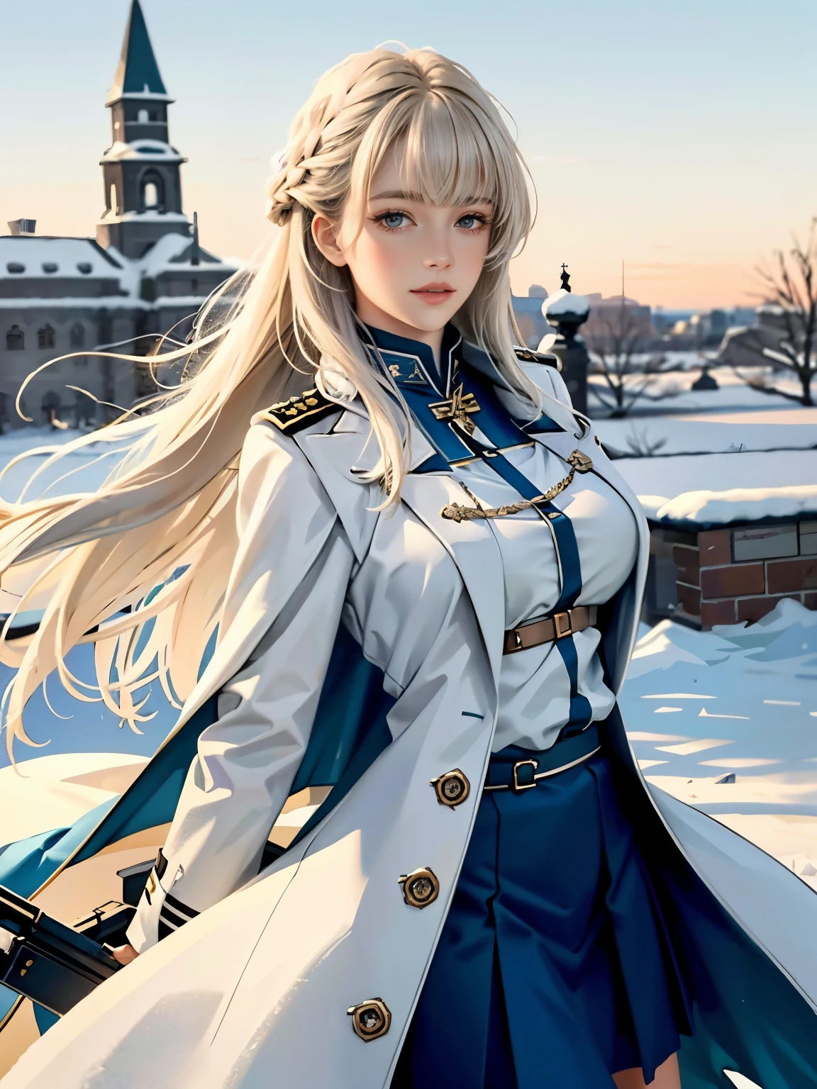 (highest resolution, distinct_image) Best quality, single person, one girl, solo, masterpiece, highly detailed, realistic, long hair, braided white blond hair, (blue military uniform underneath the coat), depth of field, outdoor background, (falling snow), ((big breasts)), authoritative, dignified, calm and powerful expression, ambient lighting, exquisite facial feature, (fur-trimmed white coat), open coat, short skirt, looking at viewer, head to waist, in a terrace of a monumental building, (((front bangs))), dynamic angle, striking a pose, light smile, detailed background
