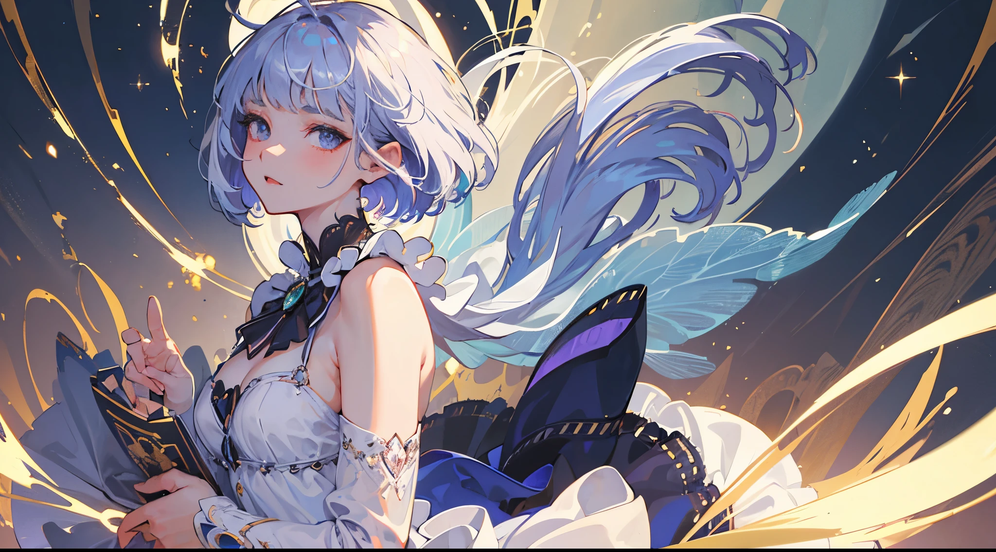(\Masterpieces: 1.2), PERFECT FACE, (extremely detailed CG unity 8k wallpaper, masterpiece, best quality, ultra-detailed), (best illumination, best shadow, an extremely delicate and beautiful), a cool, dynamic, and original young girl character with a (dynamic pose) and silver (pixie cut hair: 1.3) that reflects the light beautifully.