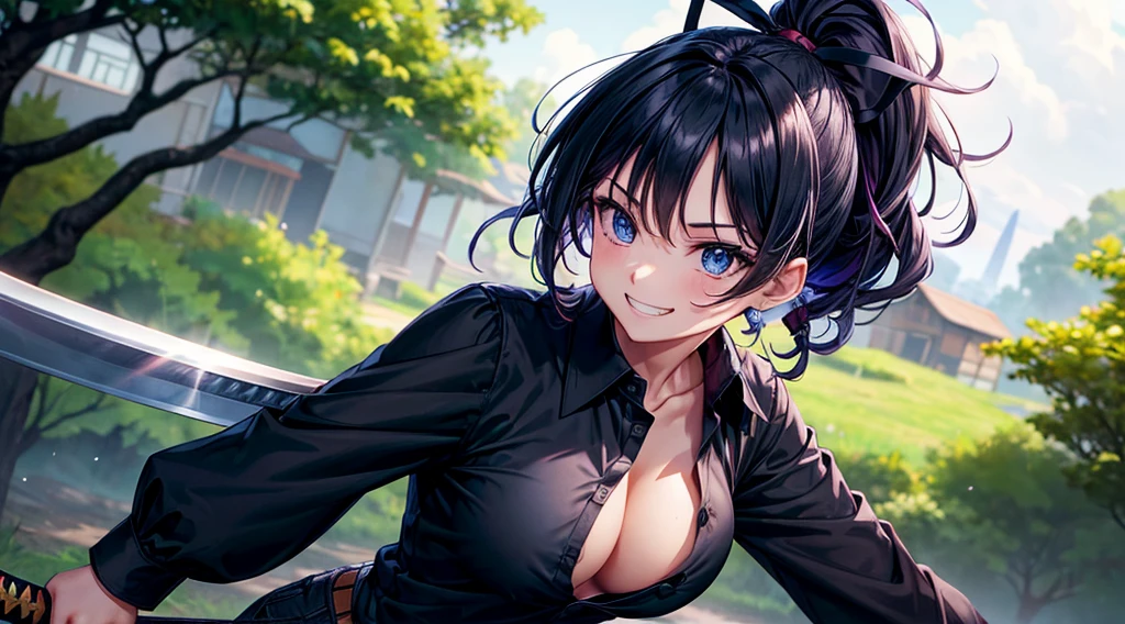 1girl, solo, village, trees, colorful hair, curly hair, ponytail, large breasts, button down shirt, ninja, ((black shirt)), ((unbuttoned shirt)), ((short sleeved shirt)), blue eyes, black shorts, katana, grin, looking at the viewer, hair ribbon, fighting