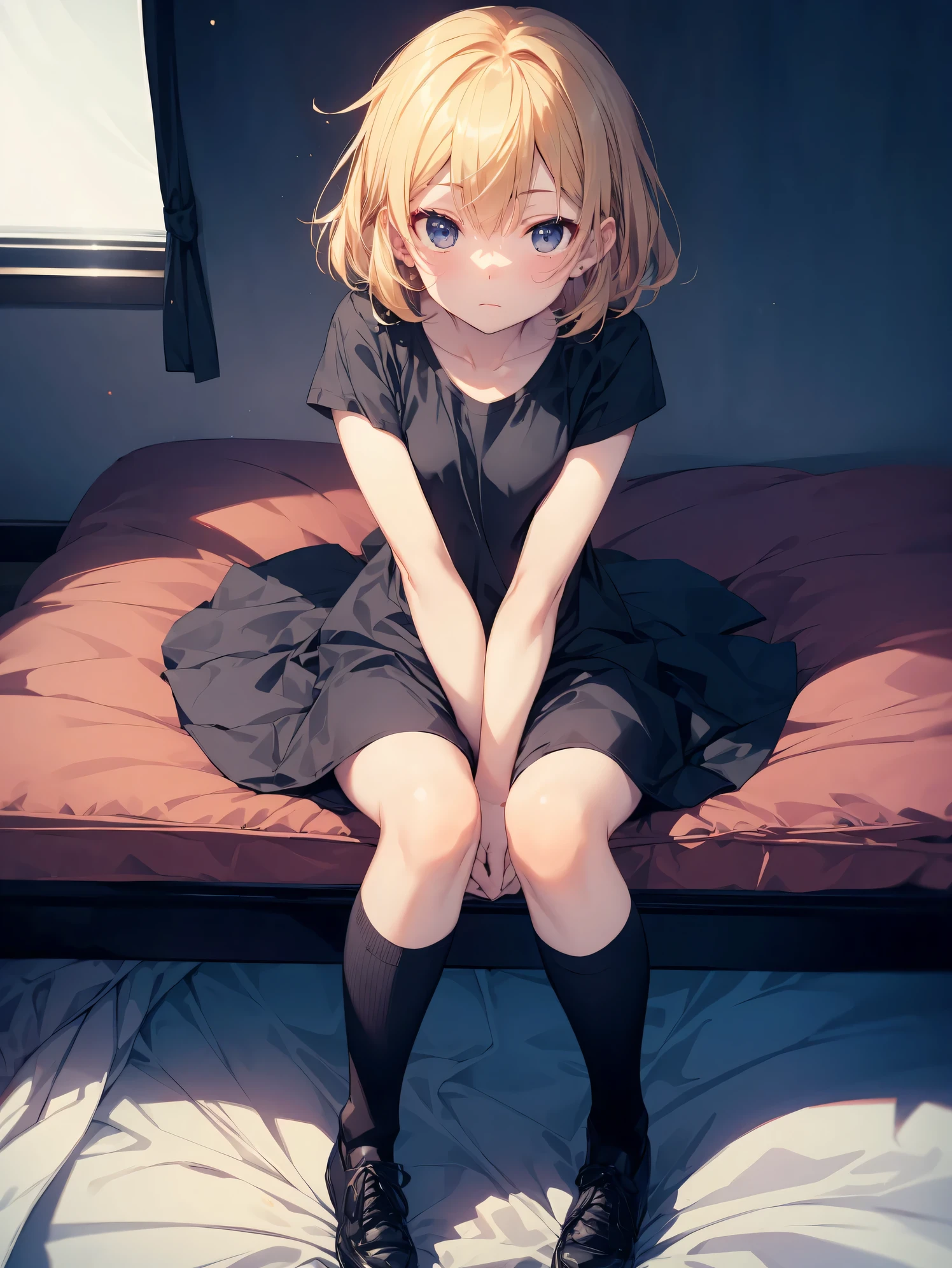 source_anime, score_9,score_8_up,score_7_up,score_6_up,score_5_up,score_4_up, newest, 1girl, cute, solo, full body, small breasts, bedroom, thighhighs, soft lighting, warm lighting,