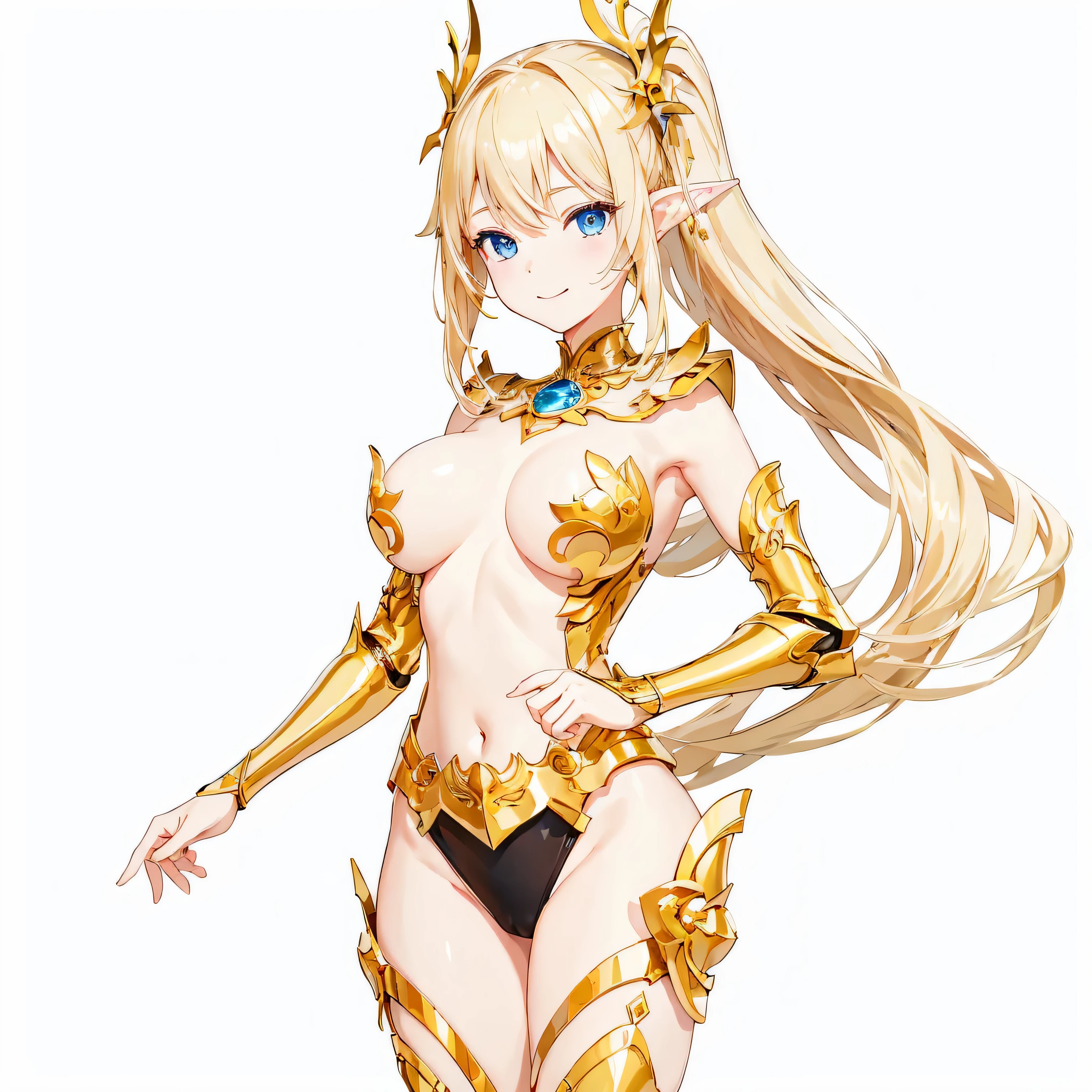 masterpiece、top-quality、ighly detailed、hight resolution、16k、fullnude、teats、Teetoob proportions、elvishの女の子、golden armour、Very thin skirt、Black pants、Very white skin、Beautiful fingers、Anime girl with very big breasts posing naked、Perfect Style、elvish、no-bra、Blonde blue-eyed、A smile、slim the contours