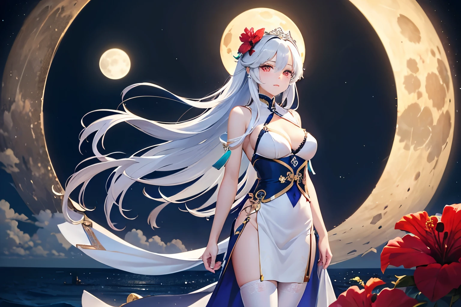 The pure white girl is icy and jade-free. Her hibiscus-long hair is waist-length. She is wearing silk and elegant white stockings with metal ornaments.(White and translucent meat) A shy expression。spoony。 Scene setting The bright moon rises over the sea,Tianya Gong is now wearing a garland on her head, and the dreamy wind is blowing her clothes