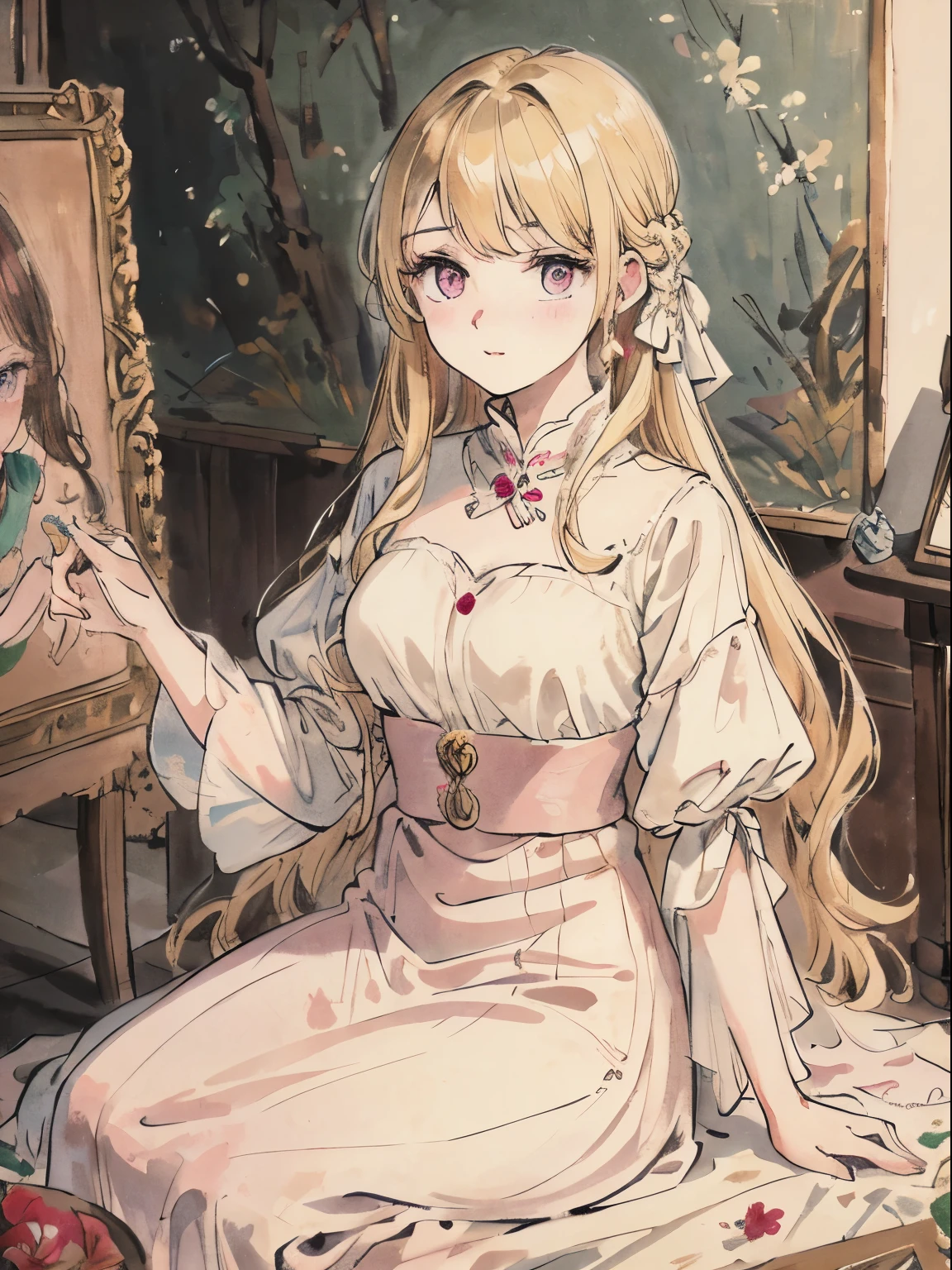 masterpiece, best quality, an extremely delicate and beautiful girl,an extremely delicate and beautiful, world masterpiece theater, ultra-detailed, highly detailed, best quality, blonde hair, highres, extremely detailed,1girl, best quality, illustration, looking at viewer, impasto, canvas, oil painting, realistic, realist ,real, pink eyes, long hair , straight hair. Vintage outfit