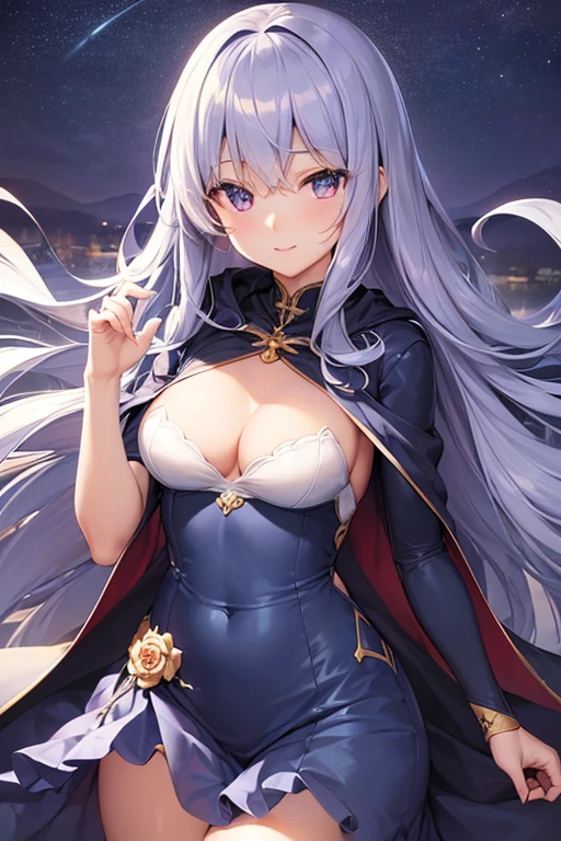 ((masterpiece)), ((best quality)), (ultra-detailed), ((kawaii)), cute, (lovely), ((sexy)), ((extremely detailed)), 4K, (8K), best quality, (beautiful), anime style, dynamic angle, heavy outline, clear outline, sacred place, a cute girl, 1girl, solo, ((light navy blue evening dress)), ((navy blue cape)), ((beautiful light purple hair)), ((beautiful purple eyes)), ((beautiful eyes)), ((long hair)), ((straight hair)),light smile,((medium breasts))