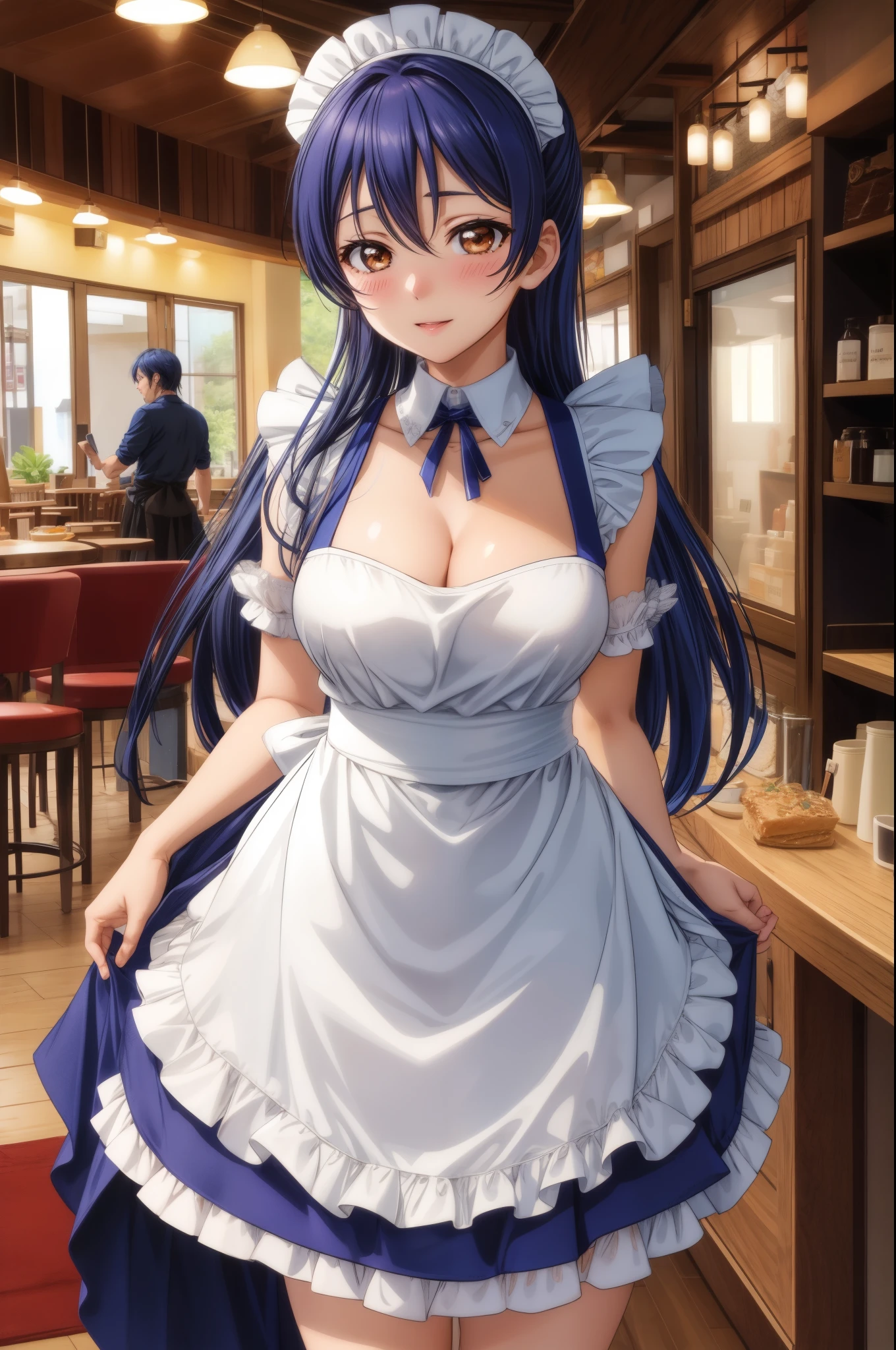 Solo, cowboy shot,Sonoda umi, wearing only naked apron,maid, cleavage,blushing, standing, in cafe