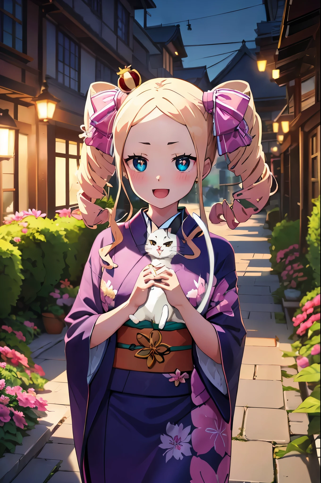 masuter piece, Best Quality, 超A high resolution, top-quality, Anime style, The best lighting, Beautiful face, masuter piece, Best Quality, 超A high resolution, top-quality, Anime styleら, The best lighting, Beautiful face, Rezero, Beatrice, (Dark pink kimono:1.3), (Yellow band:1.3), (frilld:1.3), (hold a cat with both hands:1.3), (Daytime garden:1.3), Opening Mouth, (Happy:1.3), Face Focus, look at your hands, red blush, White cat