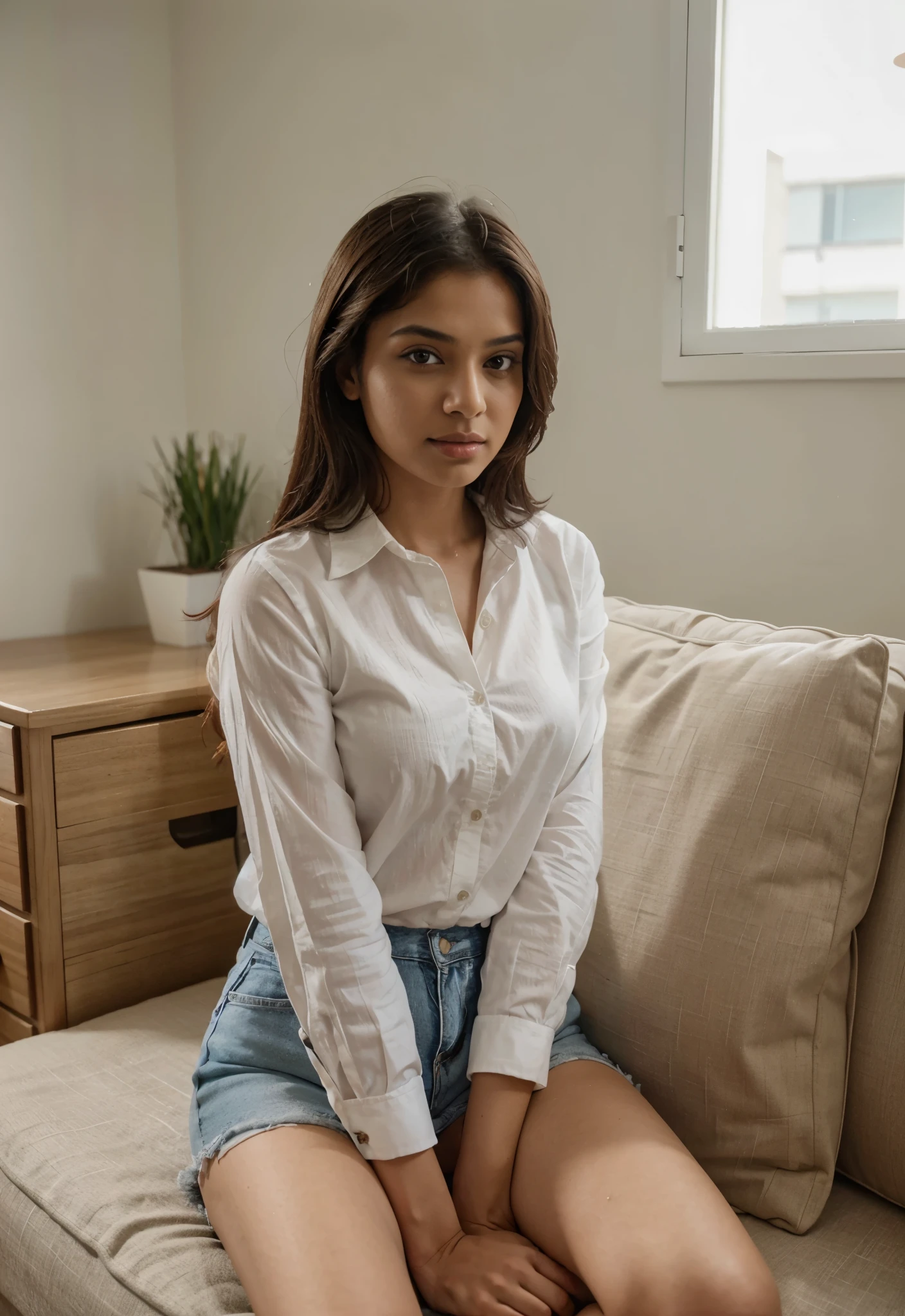 Indian woman sitting on a chair in a room with a white shirt, age 20, embroidered shirt, mid shot portrait, taken with canon 5d mk4, taken with sony a7r camera, shot on sony a 7 iii, shot with sony alpha 1 camera, taken with canon eos 5 d mark iv, white wrinkled shirt, taken with sony alpha 9, front portrait